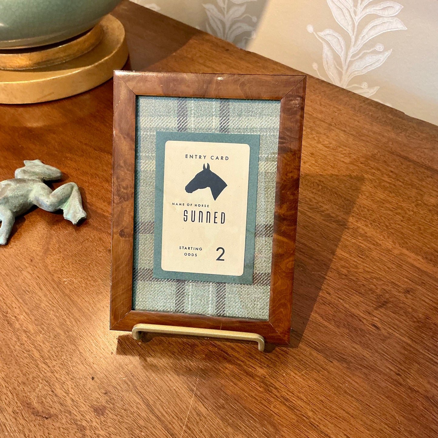 Early 20th Century Horse Racing Entry Cards On Green Wool Plaid in Vintage Burlwood Frames