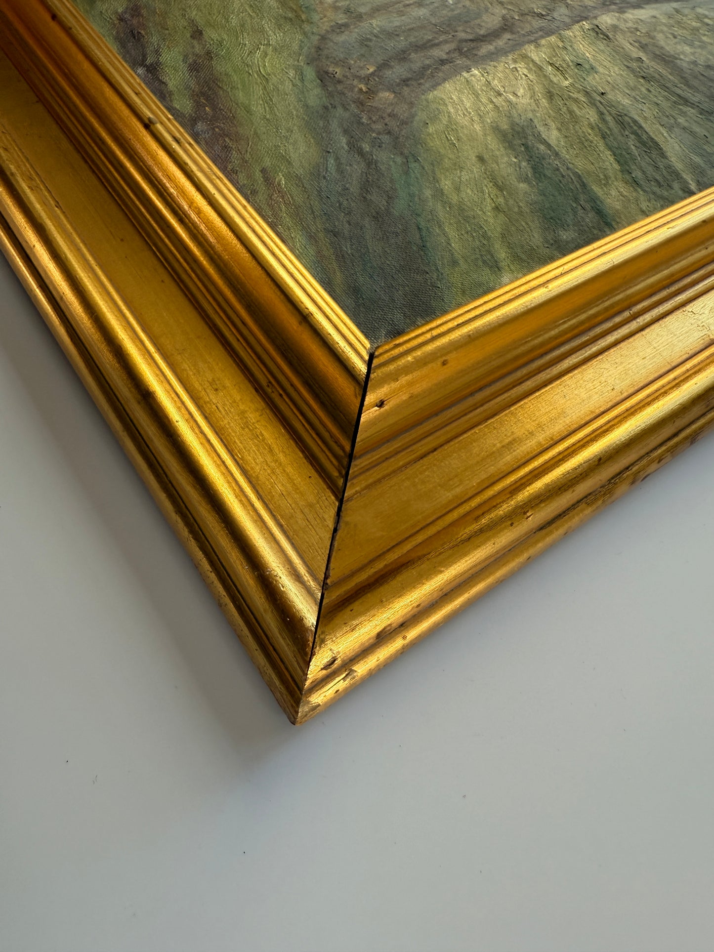 1950s Verdant Forest Landscape Oil Painting in Gold Frame