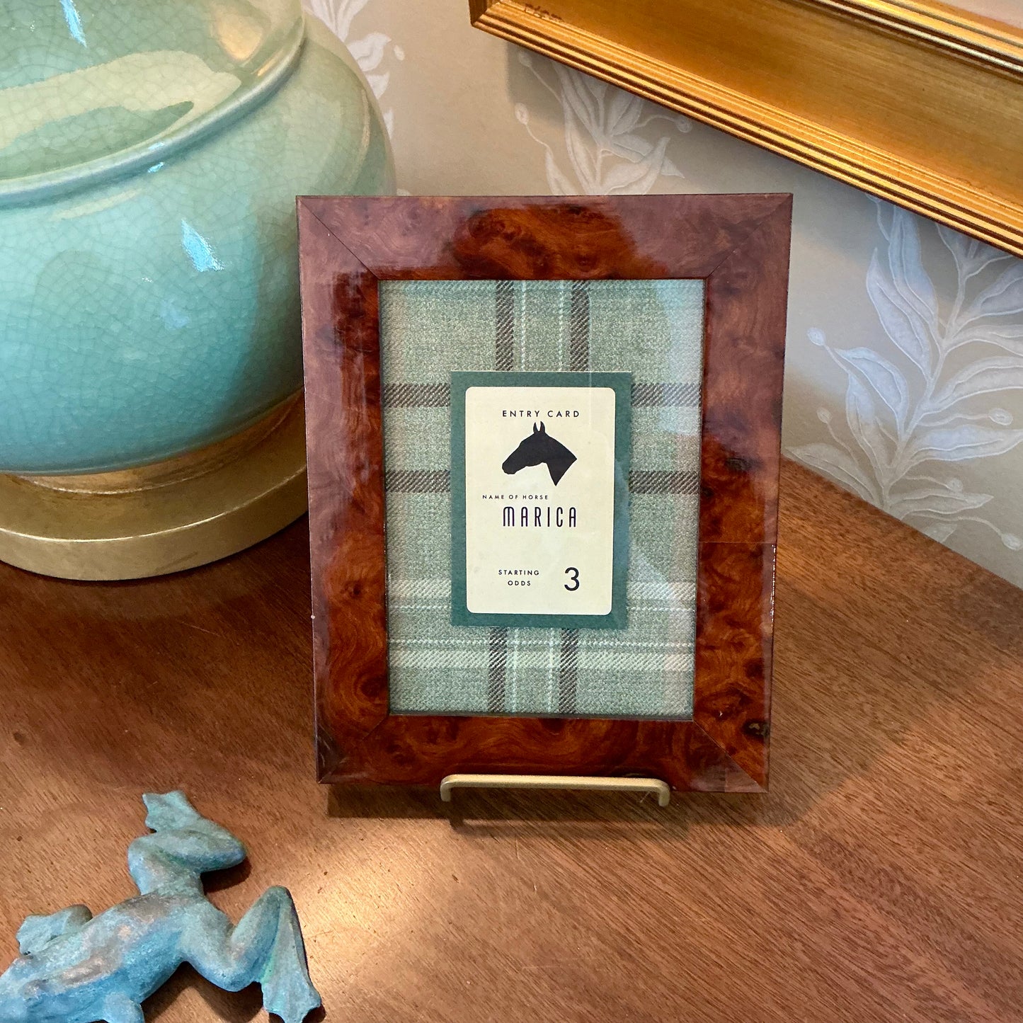 Early 20th Century Horse Racing Entry Cards On Green Wool Plaid in Vintage Burlwood Frames