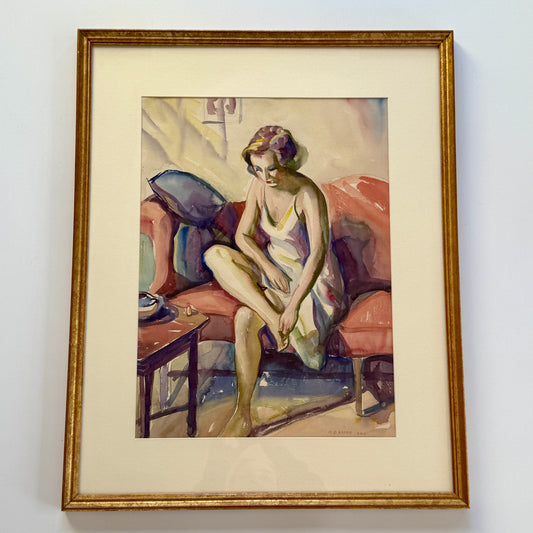 Marian D. Harris Portrait of a Woman Painting Her Nails in Gold Frame