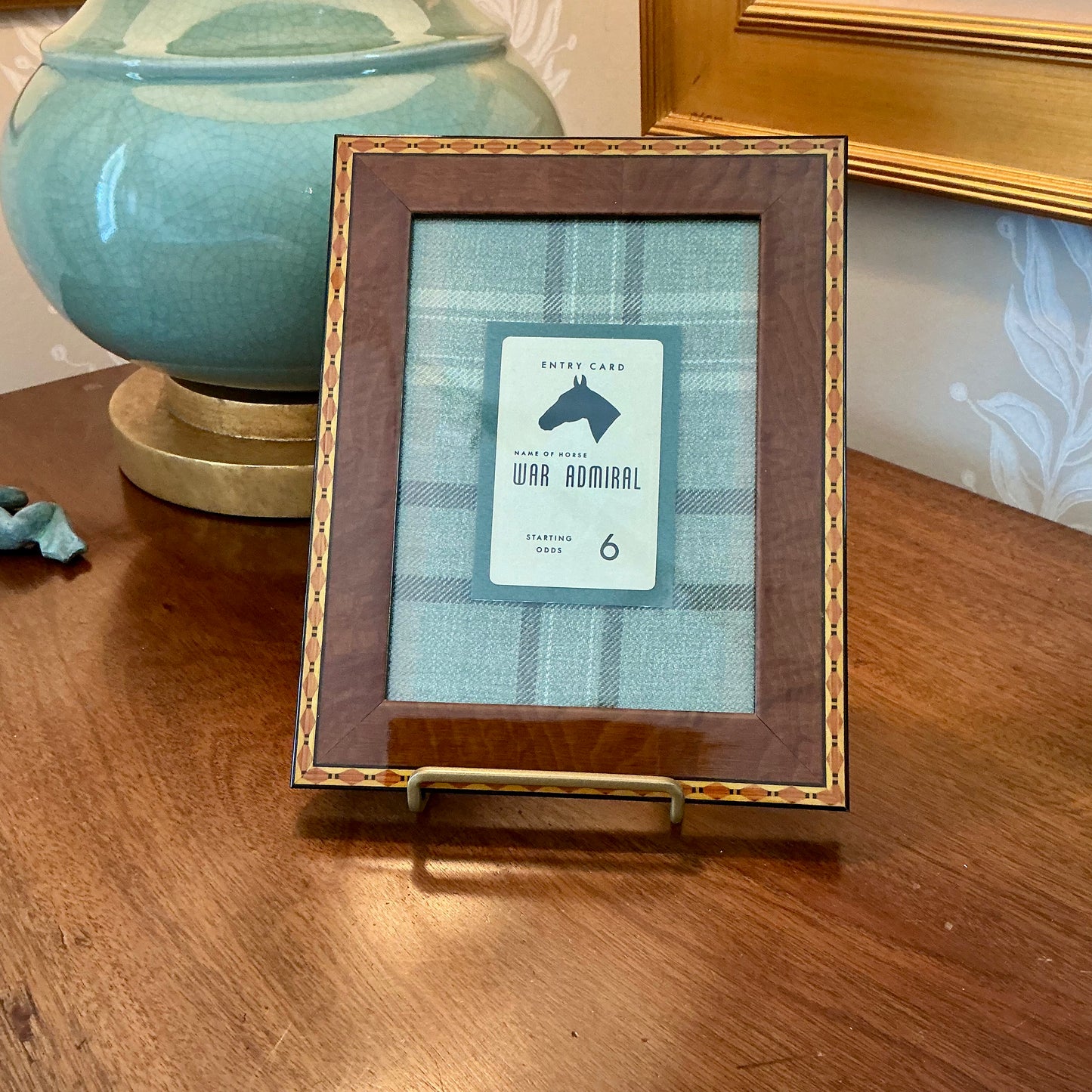 Early 20th Century Horse Racing Entry Cards On Green Wool Plaid in Vintage Burlwood Frames