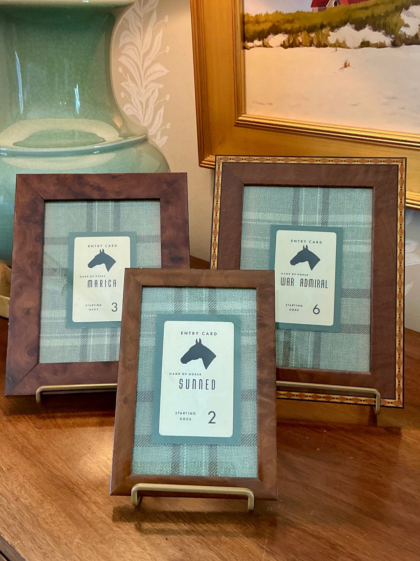 Early 20th Century Horse Racing Entry Cards On Green Wool Plaid in Vintage Burlwood Frames