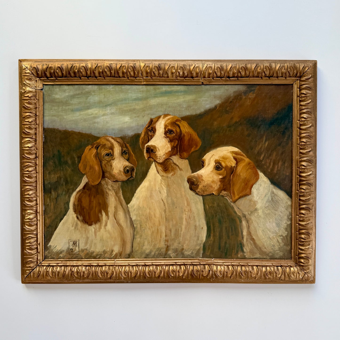 Manner of John Emms Portrait of Trio of Hunting Dogs Oil Painting in Ornate Gold Frame