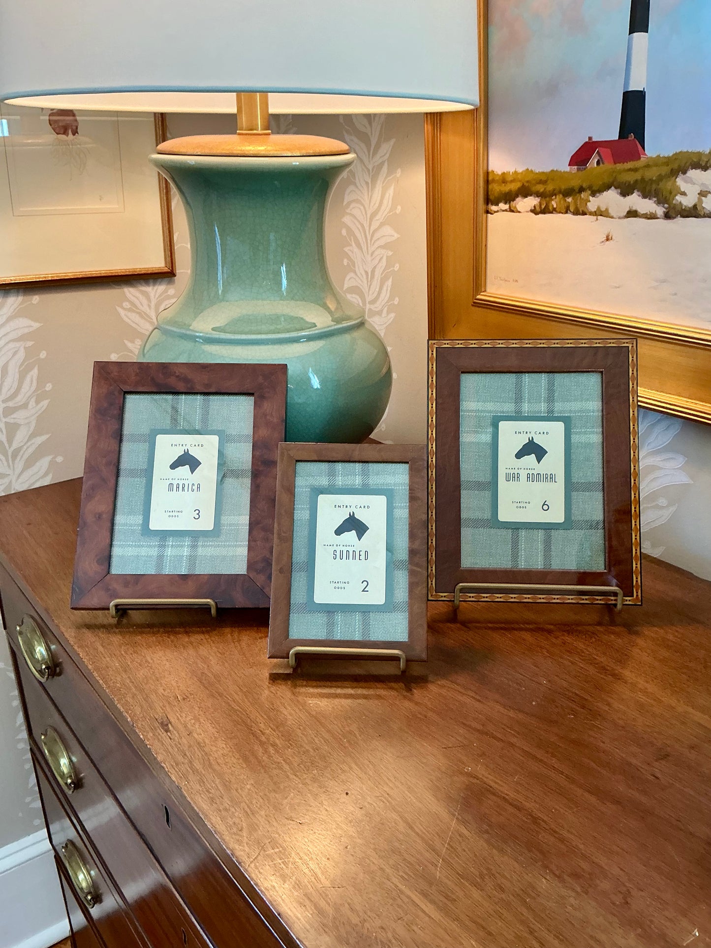 Early 20th Century Horse Racing Entry Cards On Green Wool Plaid in Vintage Burlwood Frames