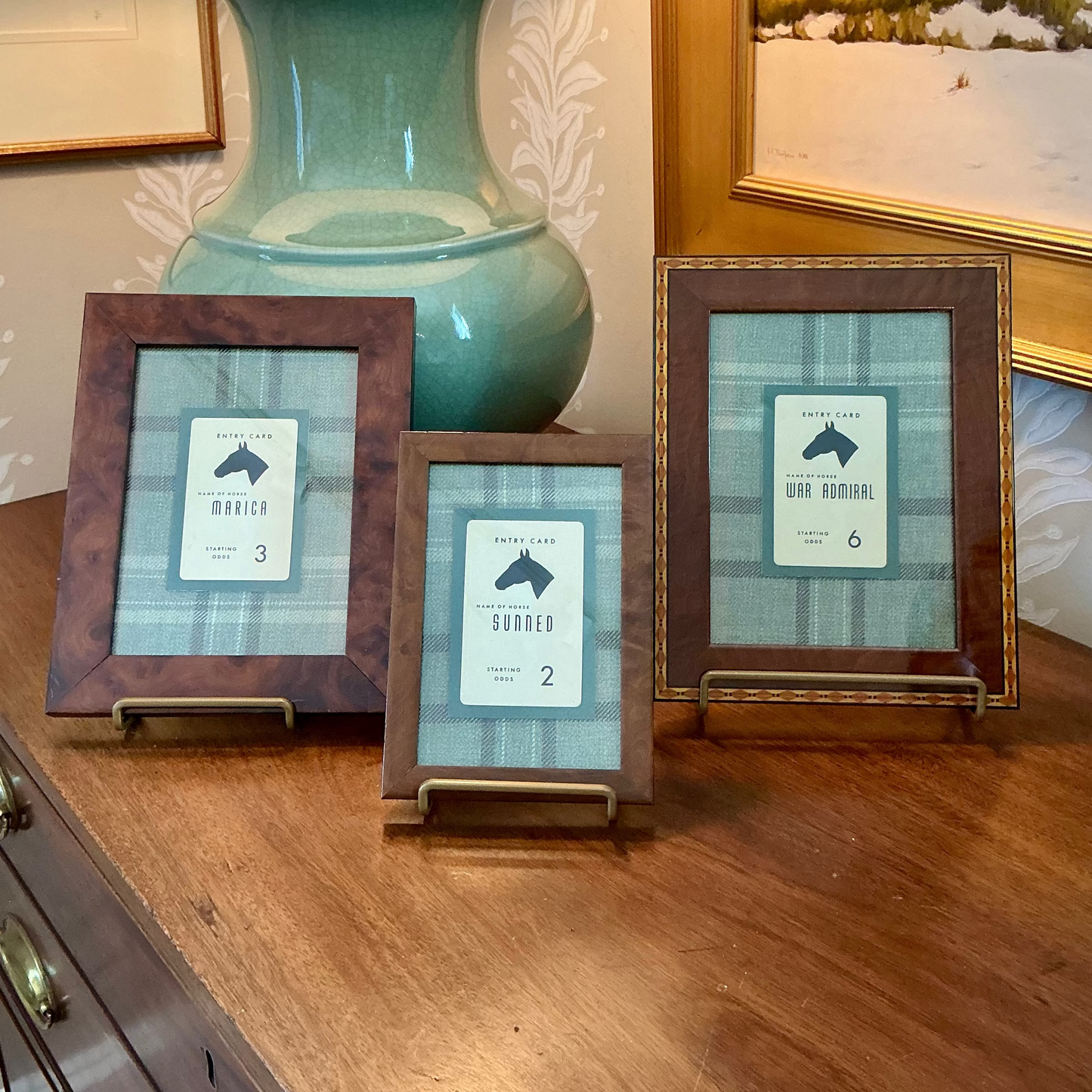 Early 20th Century Horse Racing Entry Cards On Green Wool Plaid in Vintage Burlwood Frames