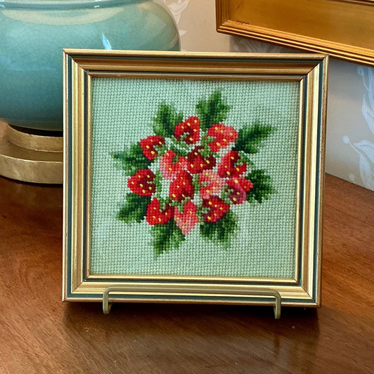 Vintage Strawberry Bunch Needlepoint in Gold Frame