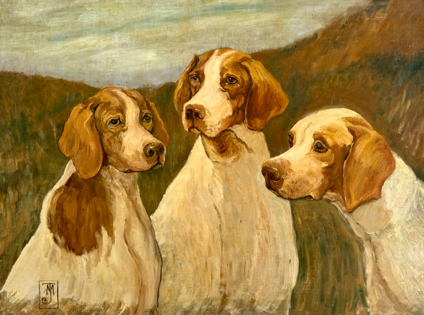 Manner of John Emms Portrait of Trio of Hunting Dogs Oil Painting in Ornate Gold Frame