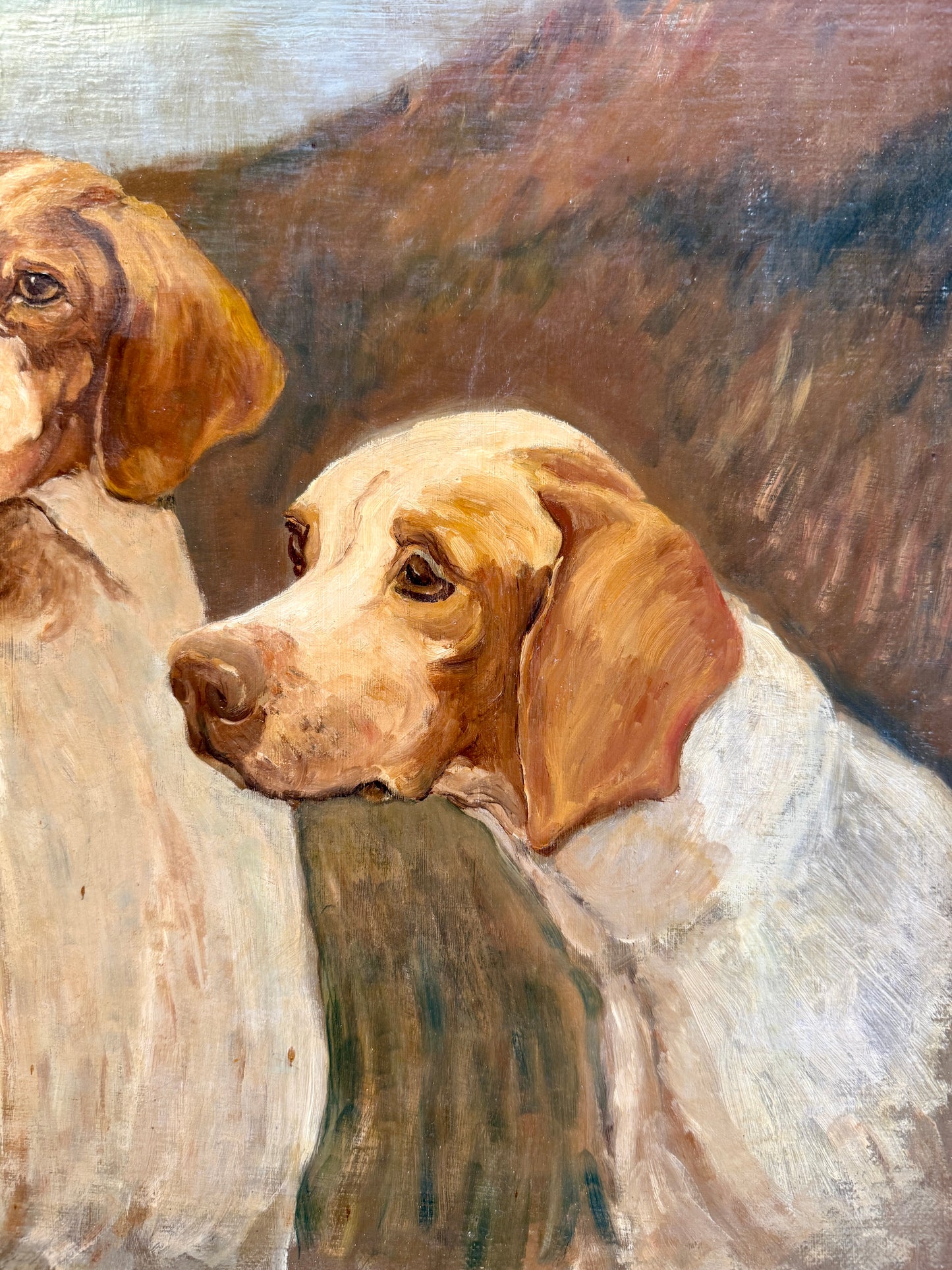 Manner of John Emms Portrait of Trio of Hunting Dogs Oil Painting in Ornate Gold Frame