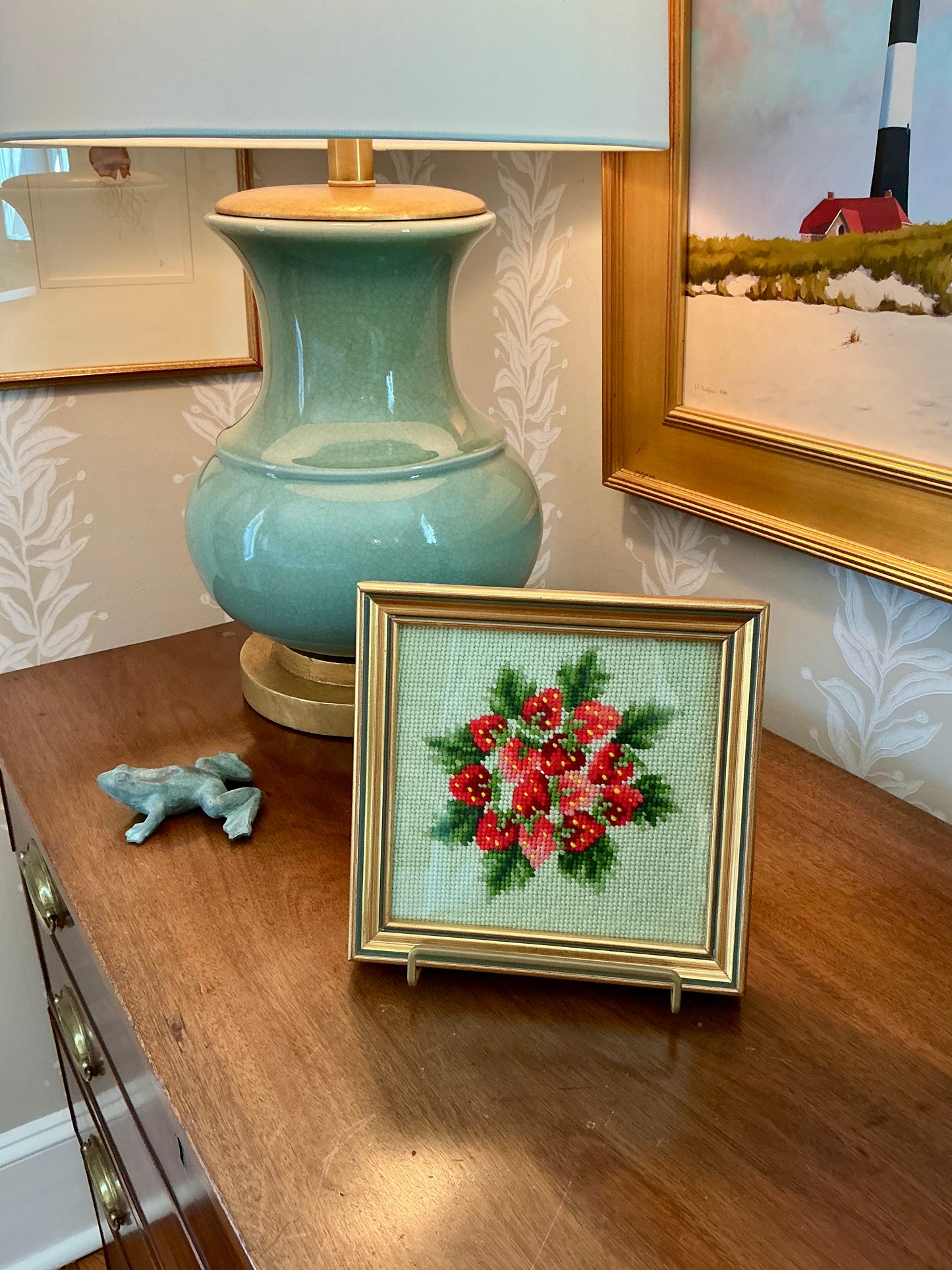Vintage Strawberry Bunch Needlepoint in Gold Frame