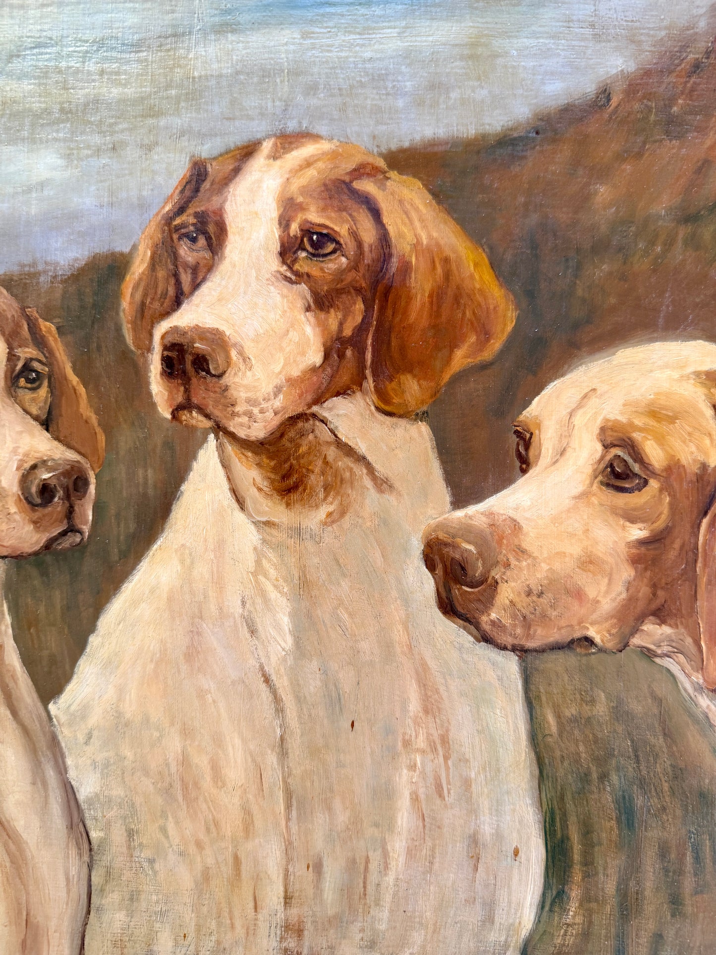 Manner of John Emms Portrait of Trio of Hunting Dogs Oil Painting in Ornate Gold Frame