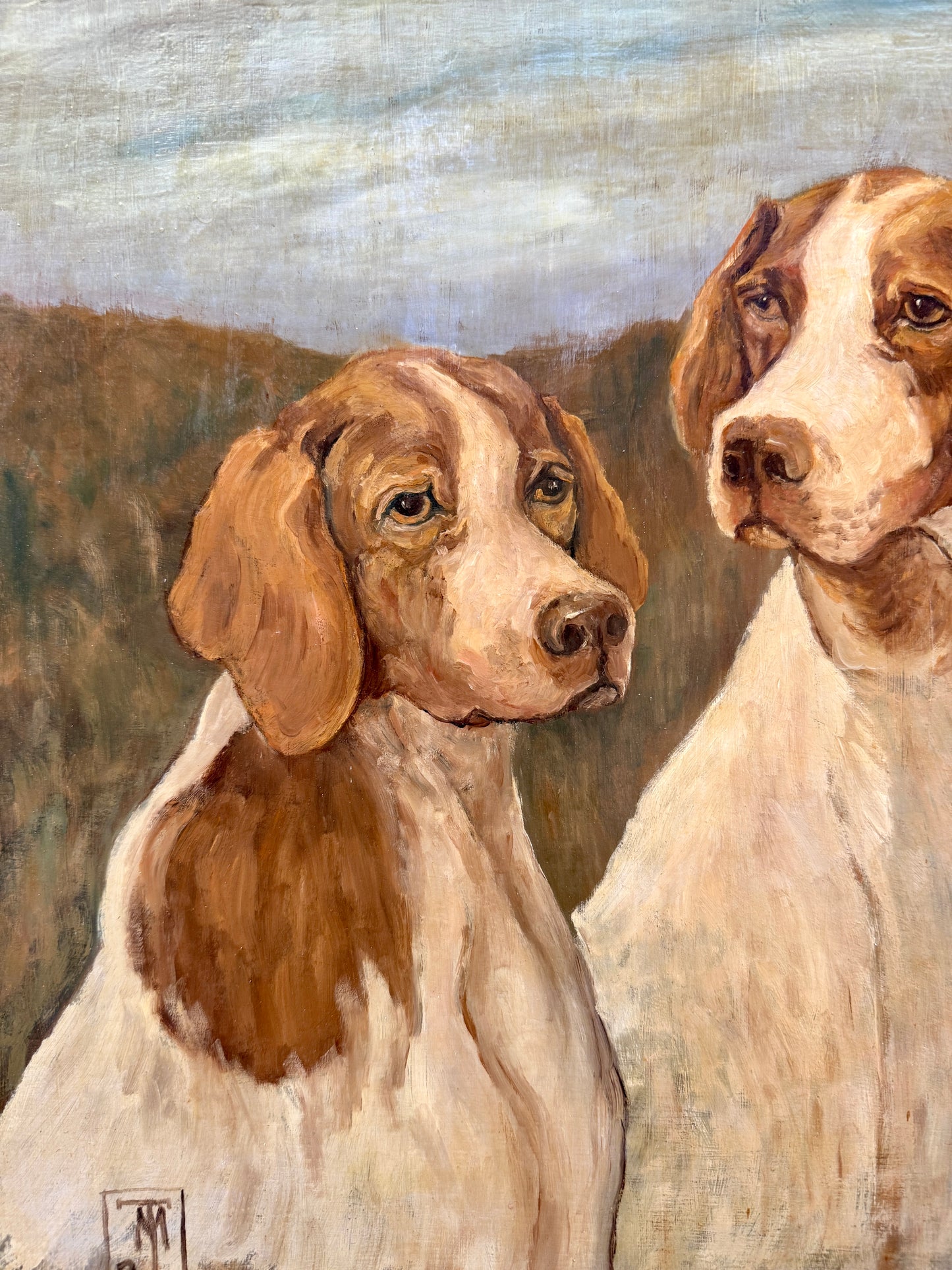 Manner of John Emms Portrait of Trio of Hunting Dogs Oil Painting in Ornate Gold Frame