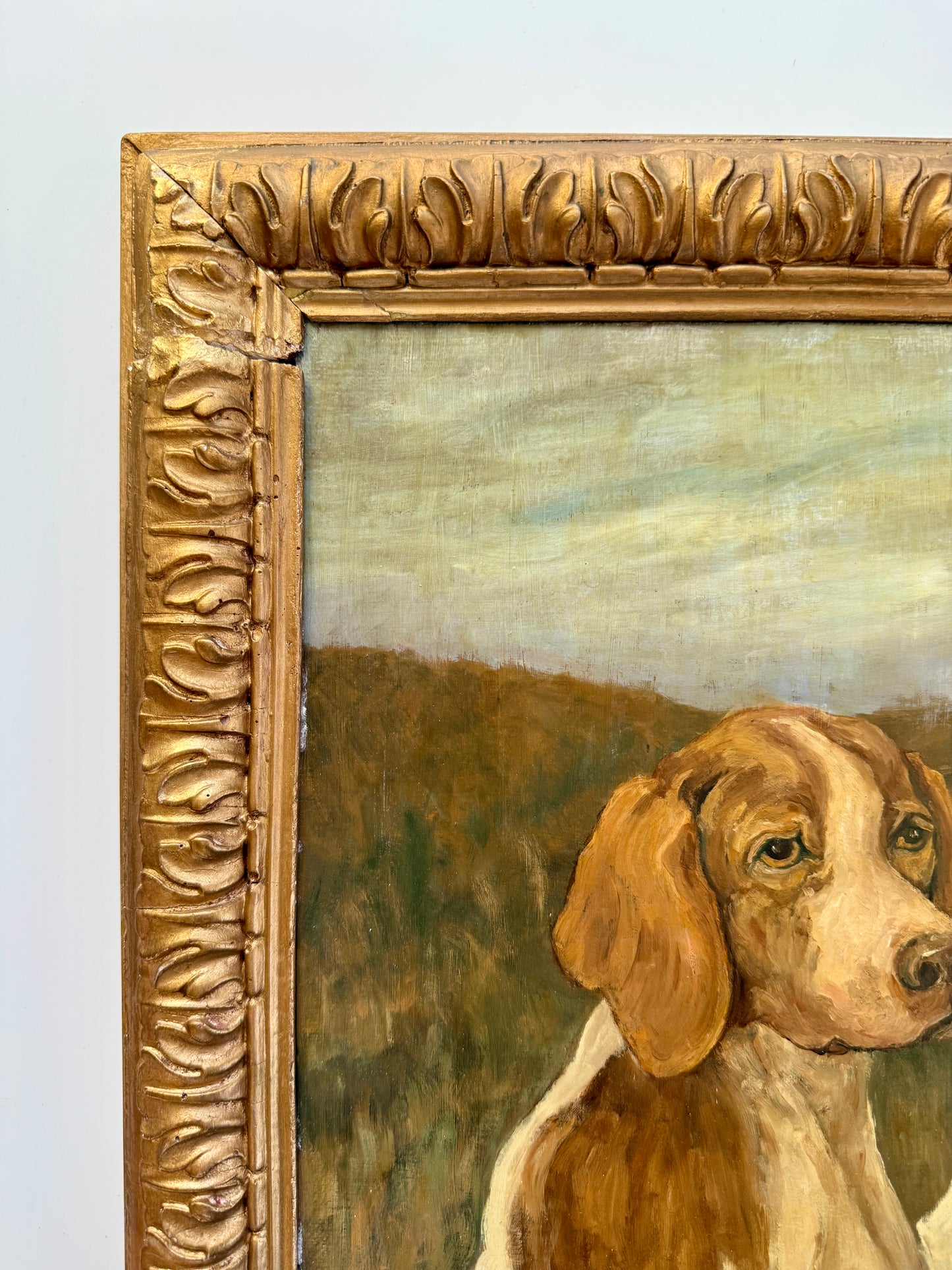 Manner of John Emms Portrait of Trio of Hunting Dogs Oil Painting in Ornate Gold Frame