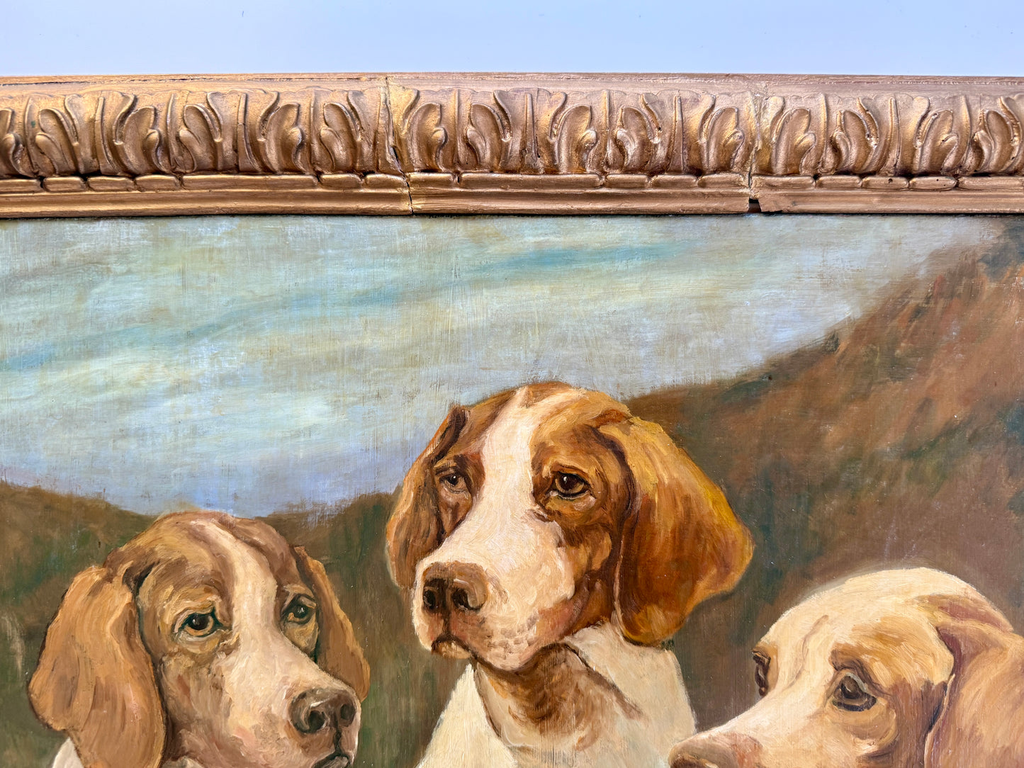 Manner of John Emms Portrait of Trio of Hunting Dogs Oil Painting in Ornate Gold Frame