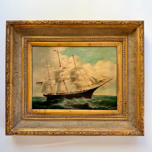 20th c. Clipper Sail Ship Portrait in Seascape Oil Painting in Gold Frame