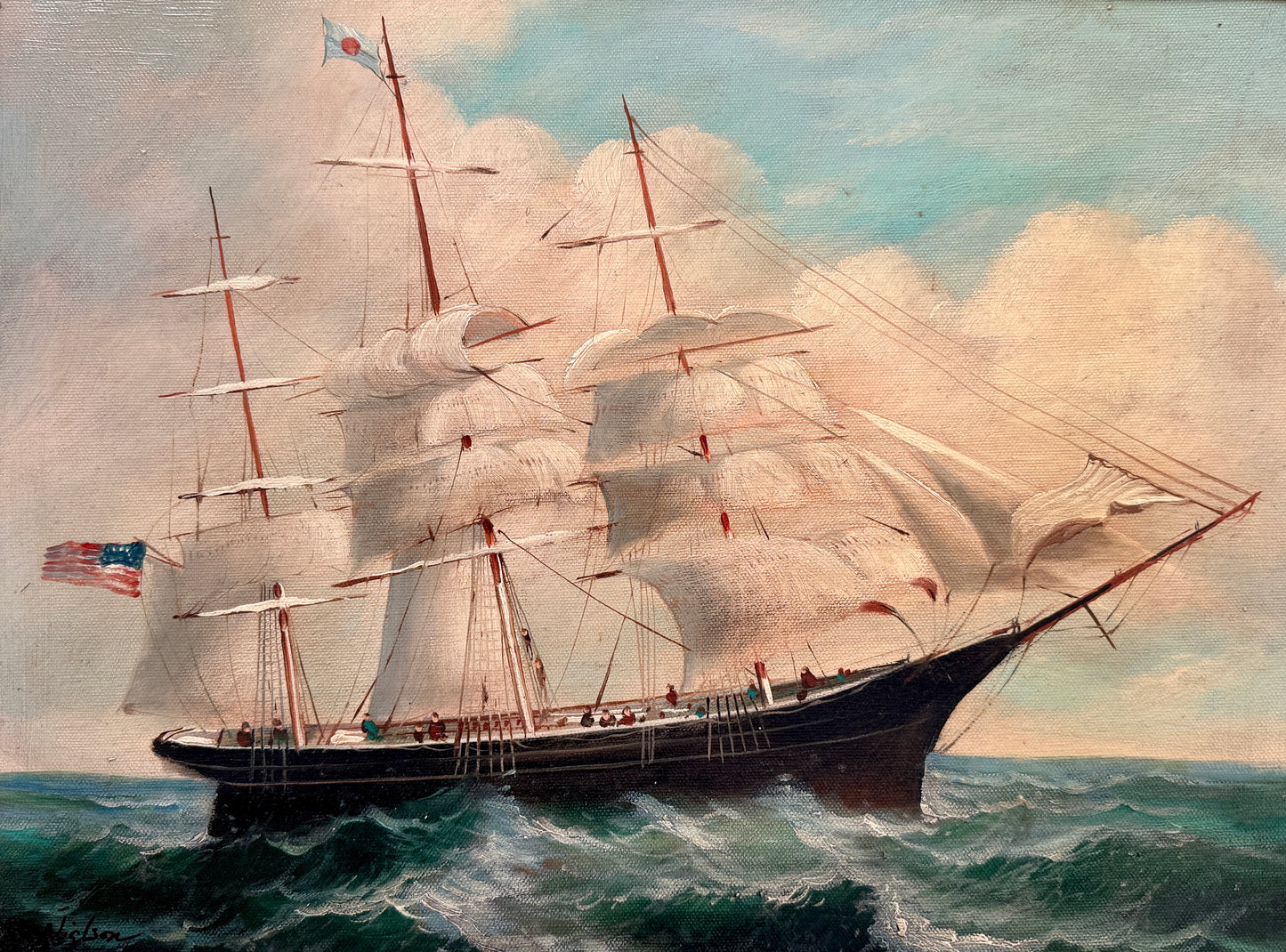 20th c. Clipper Sail Ship Portrait in Seascape Oil Painting in Gold Frame