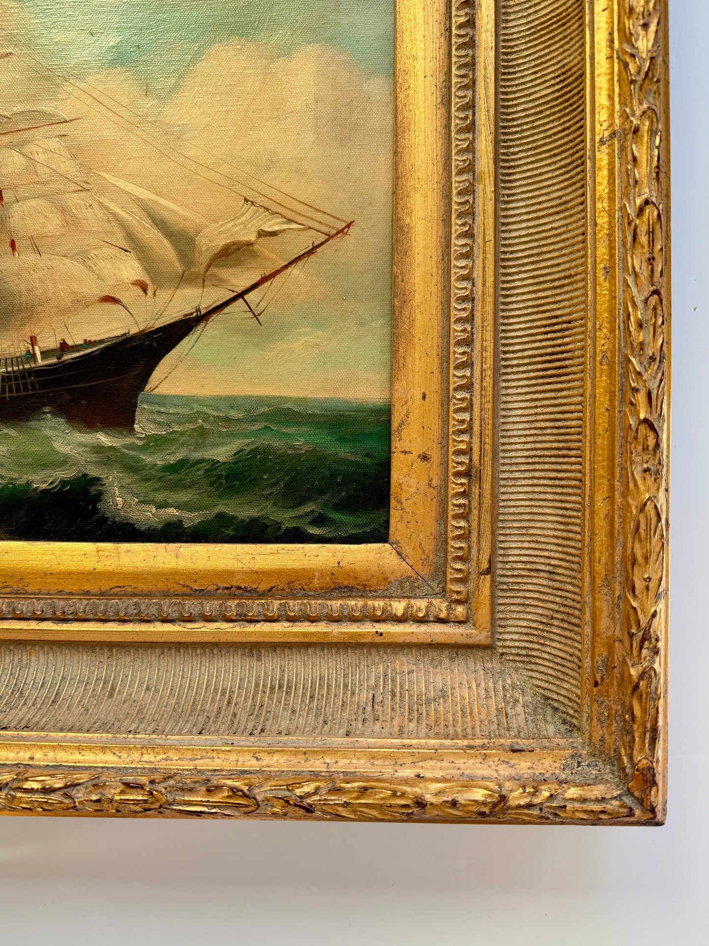20th c. Clipper Sail Ship Portrait in Seascape Oil Painting in Gold Frame