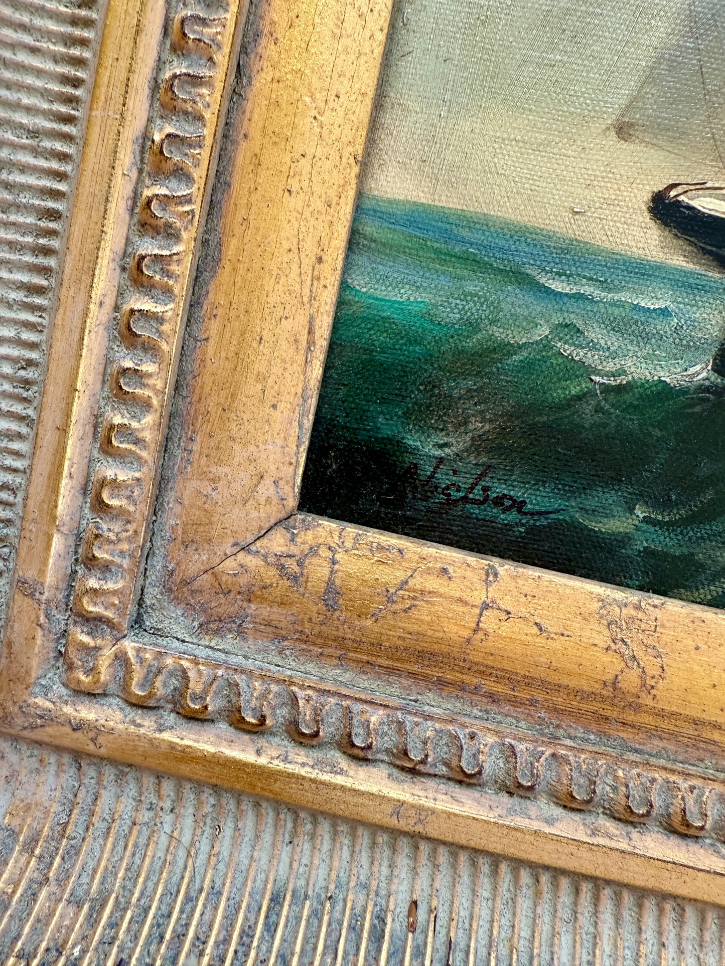 20th c. Clipper Sail Ship Portrait in Seascape Oil Painting in Gold Frame