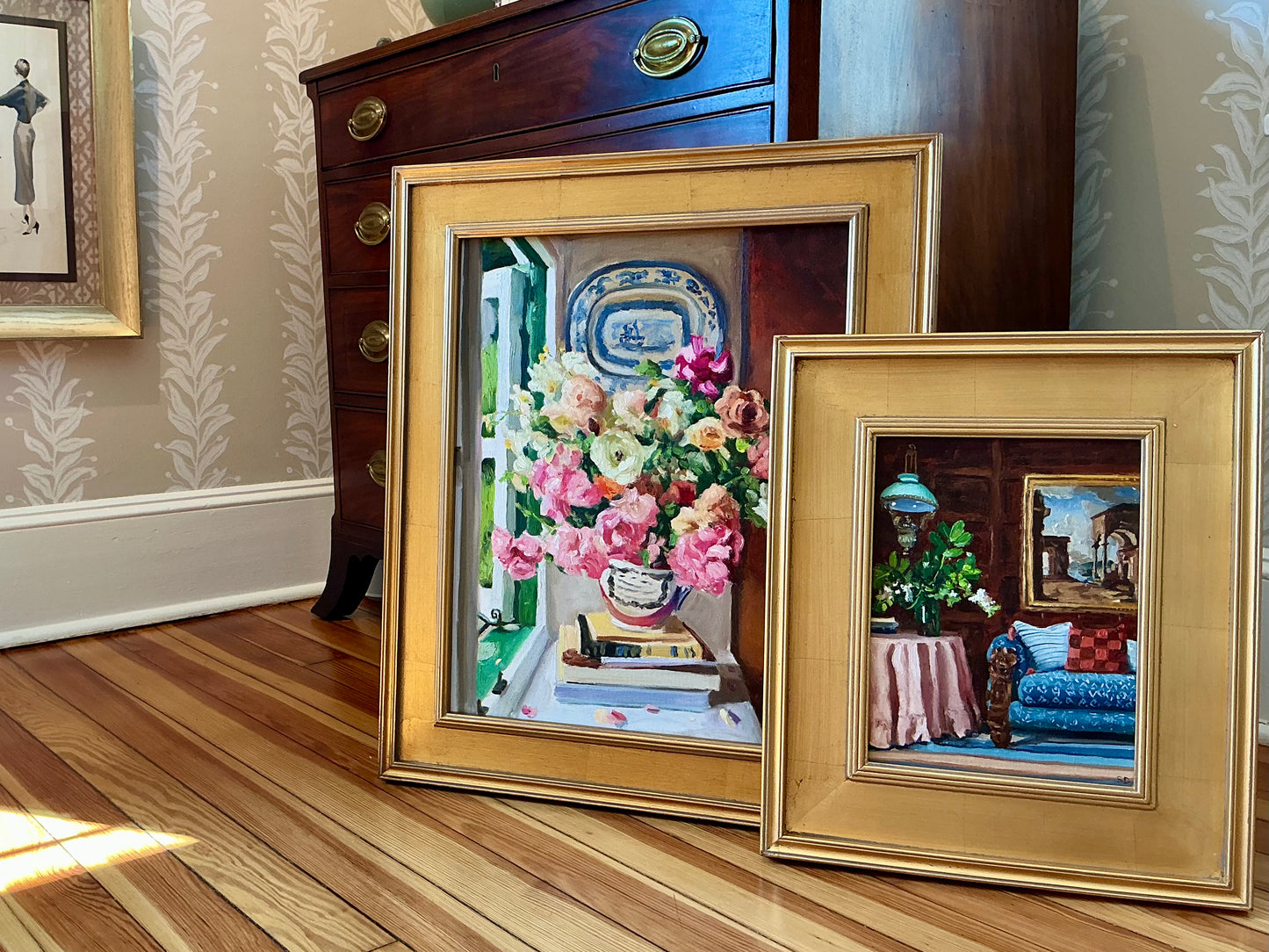 Stephanie Doucet Atmosfloric Window Still Bouquet Still Life Oil Painting in Gold Frame