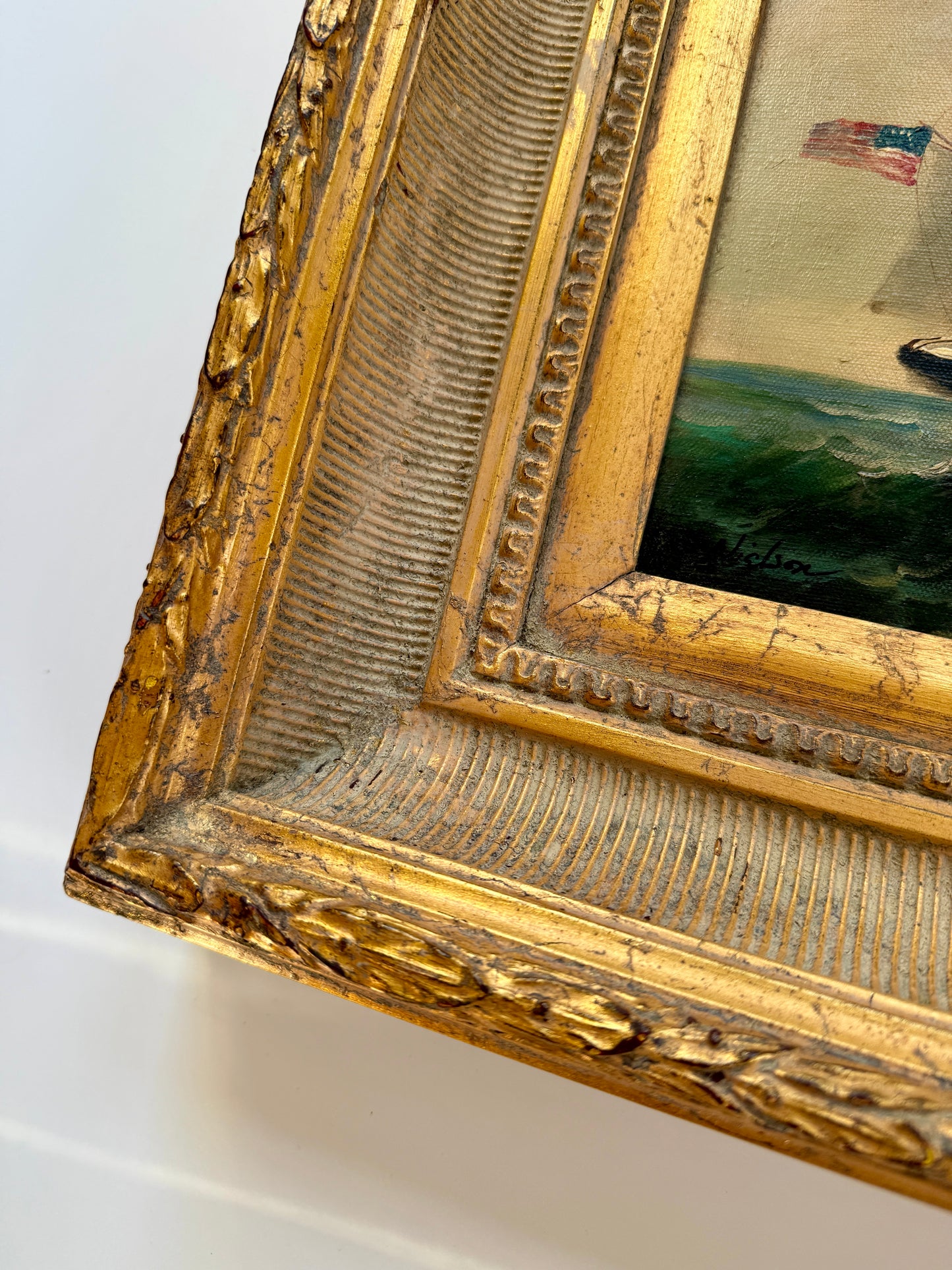 20th c. Clipper Sail Ship Portrait in Seascape Oil Painting in Gold Frame
