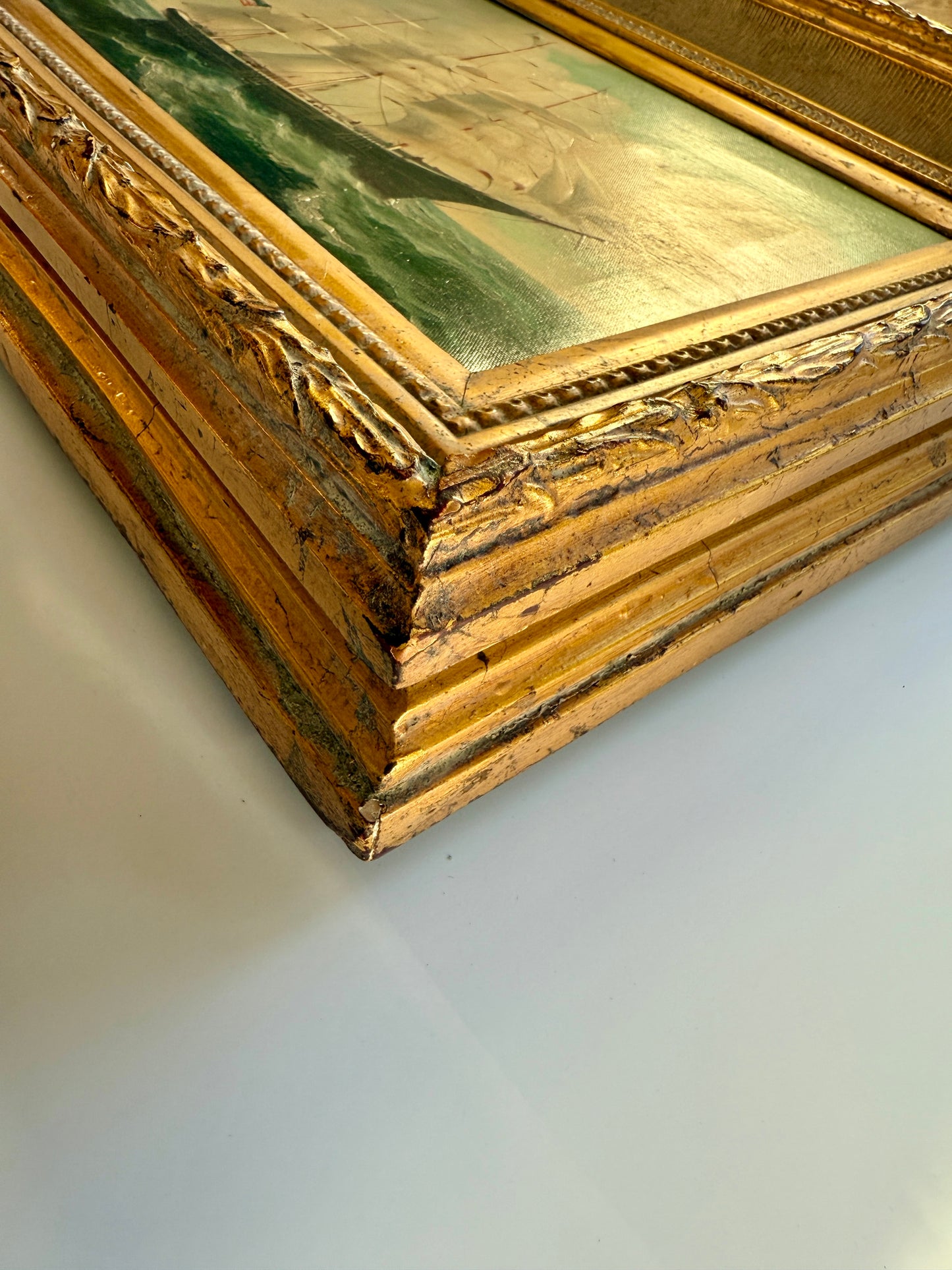 20th c. Clipper Sail Ship Portrait in Seascape Oil Painting in Gold Frame