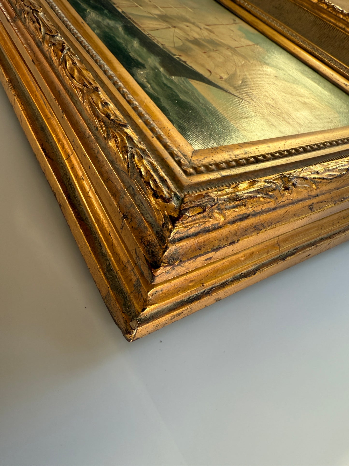 20th c. Clipper Sail Ship Portrait in Seascape Oil Painting in Gold Frame