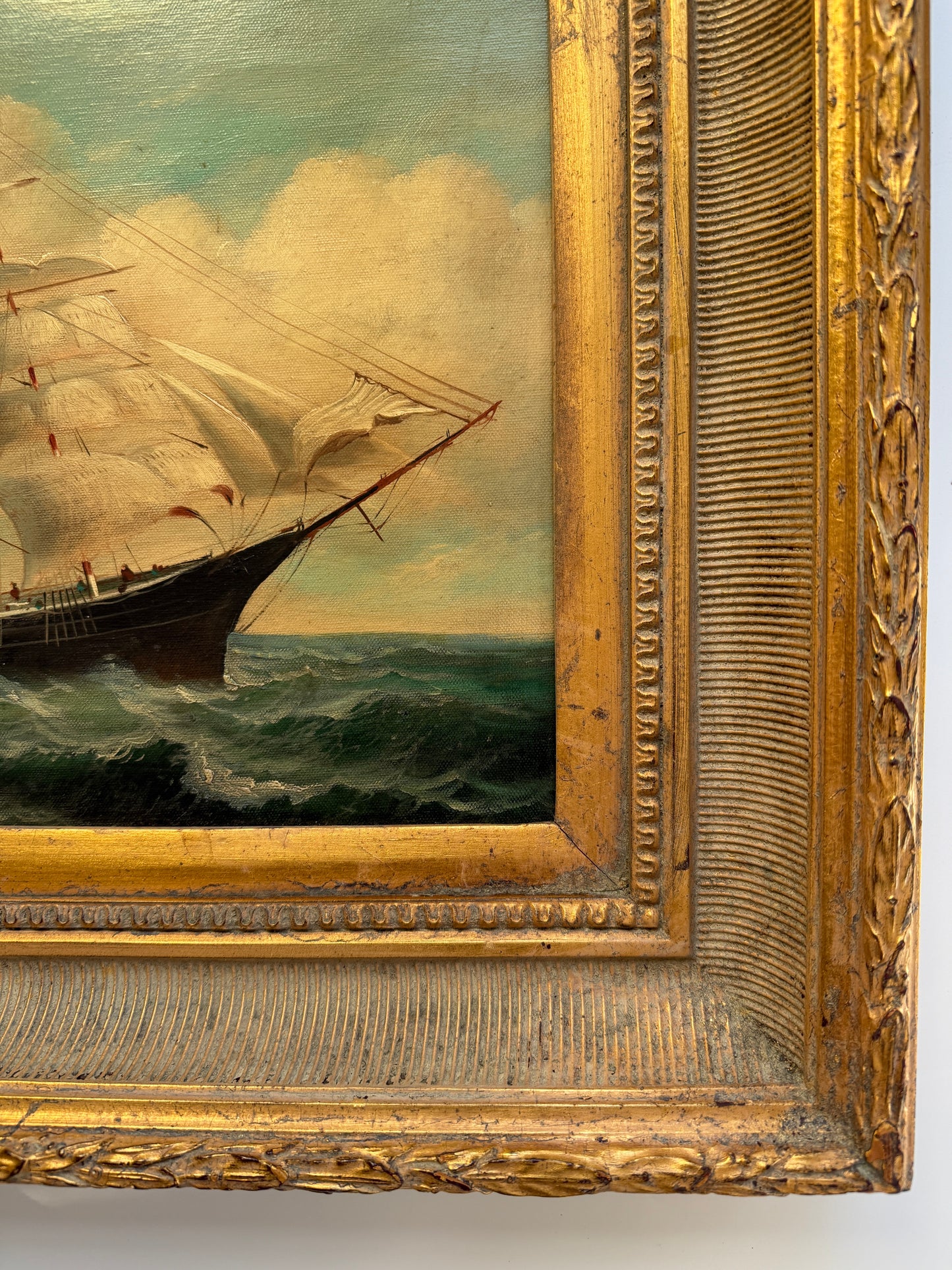 20th c. Clipper Sail Ship Portrait in Seascape Oil Painting in Gold Frame