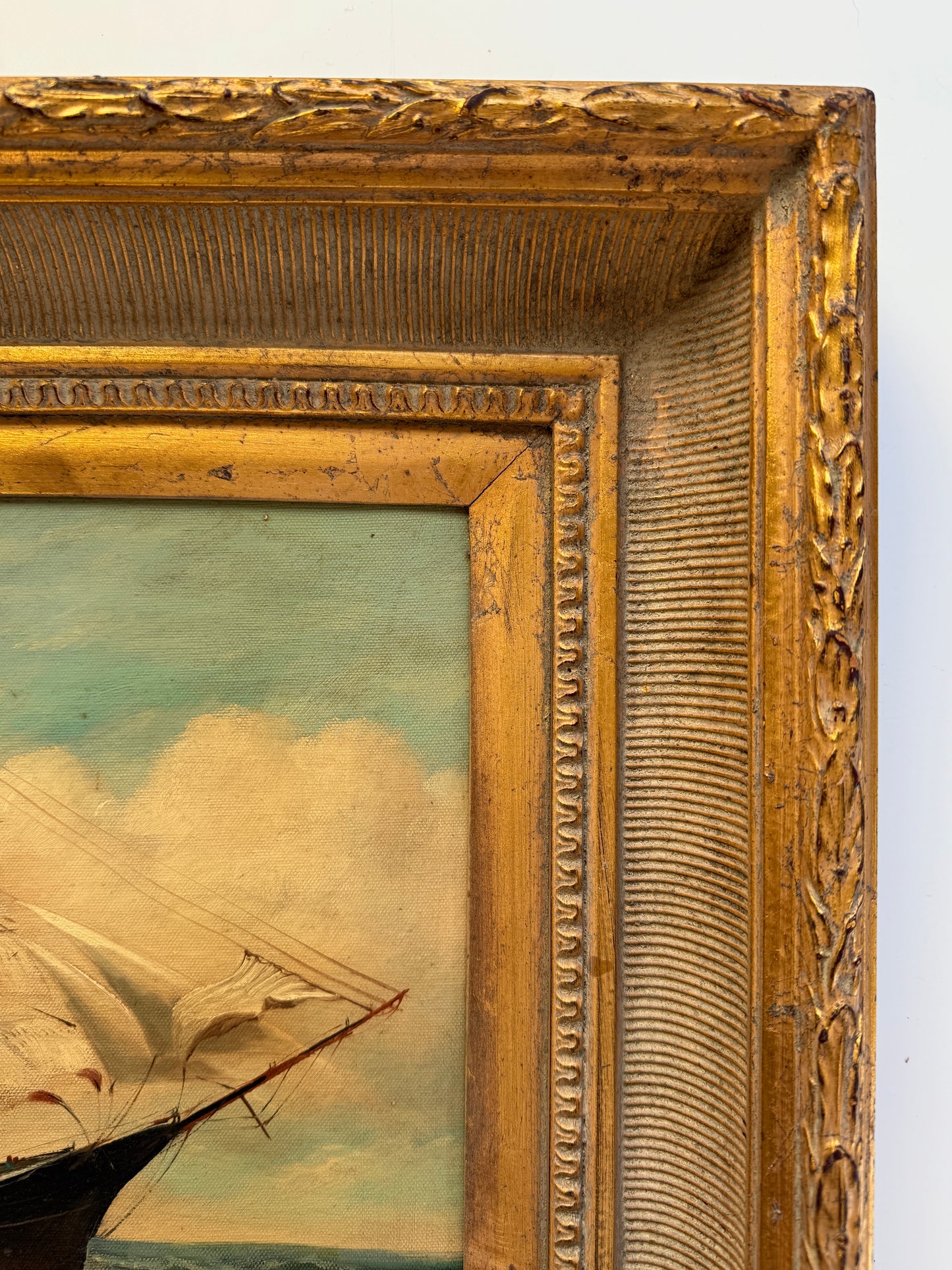 20th c. Clipper Sail Ship Portrait in Seascape Oil Painting in Gold Frame
