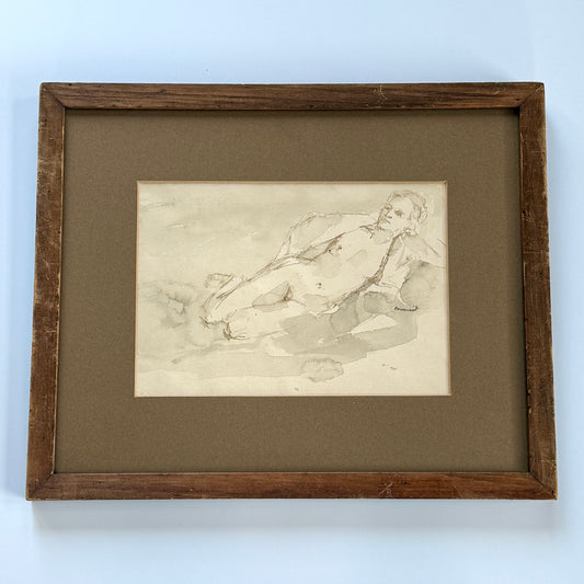 Seymour Remenick Nude Female Tonal Watercolor Portrait in Wood Frame
