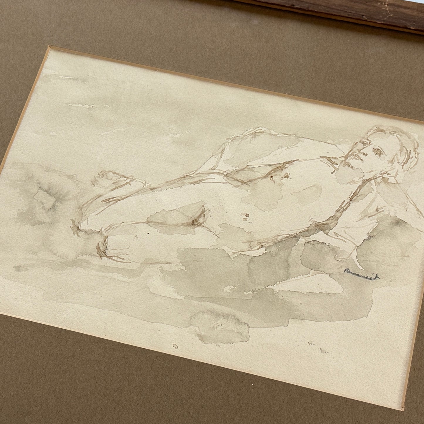 Seymour Remenick Nude Female Tonal Watercolor Portrait in Wood Frame