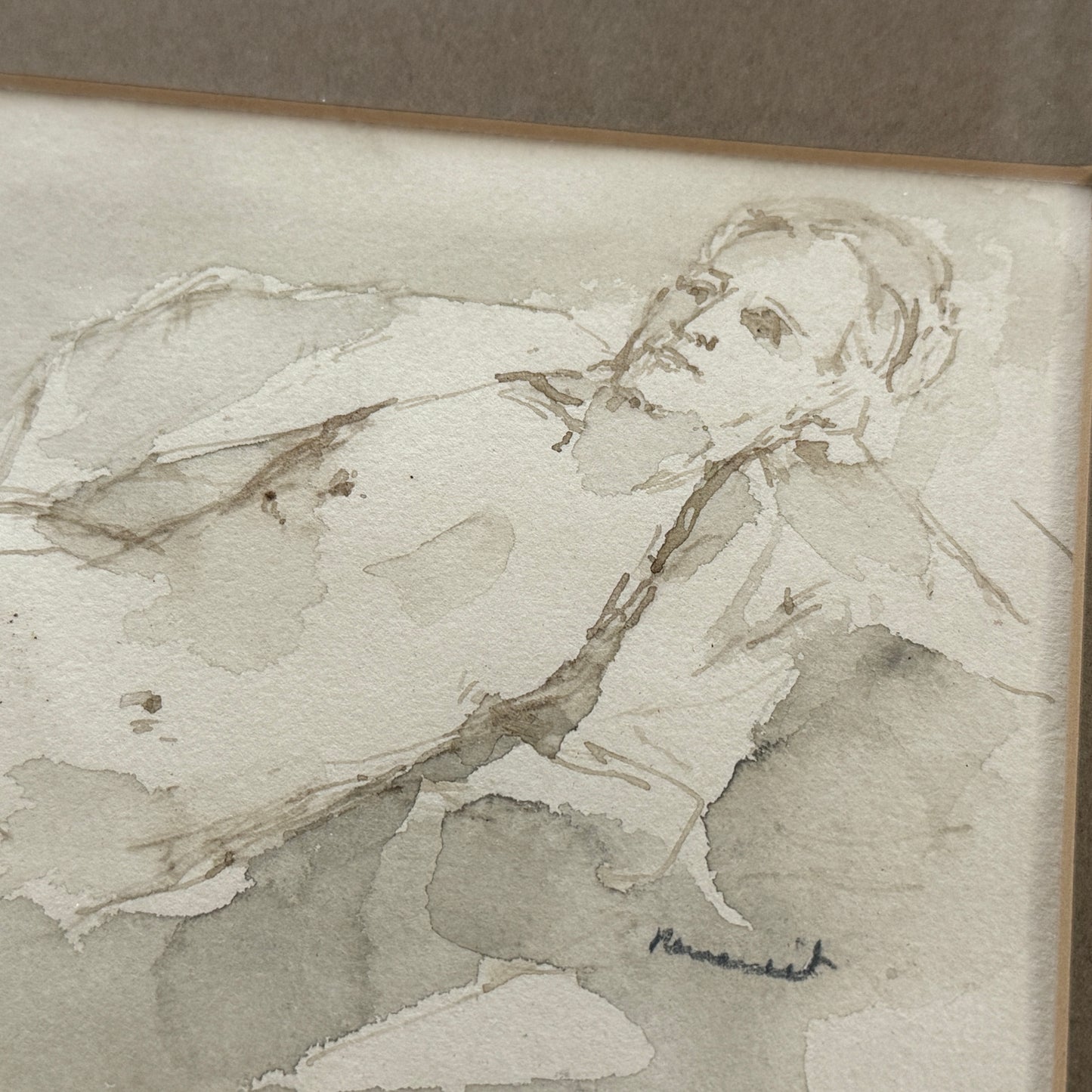 Seymour Remenick Nude Female Tonal Watercolor Portrait in Wood Frame