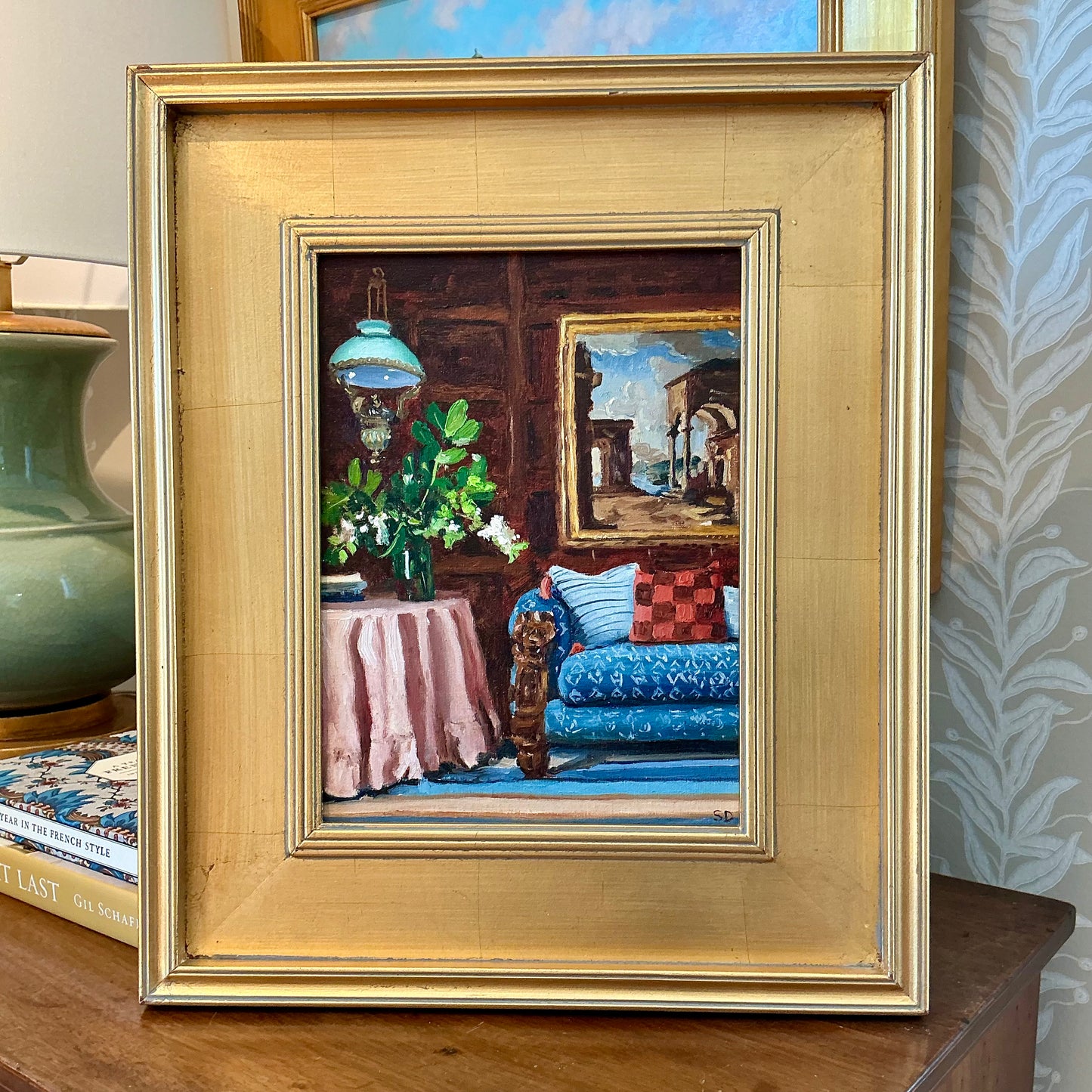 Stephanie Doucet Jacobean Manor House Oil Painting Interior in Gold Frame