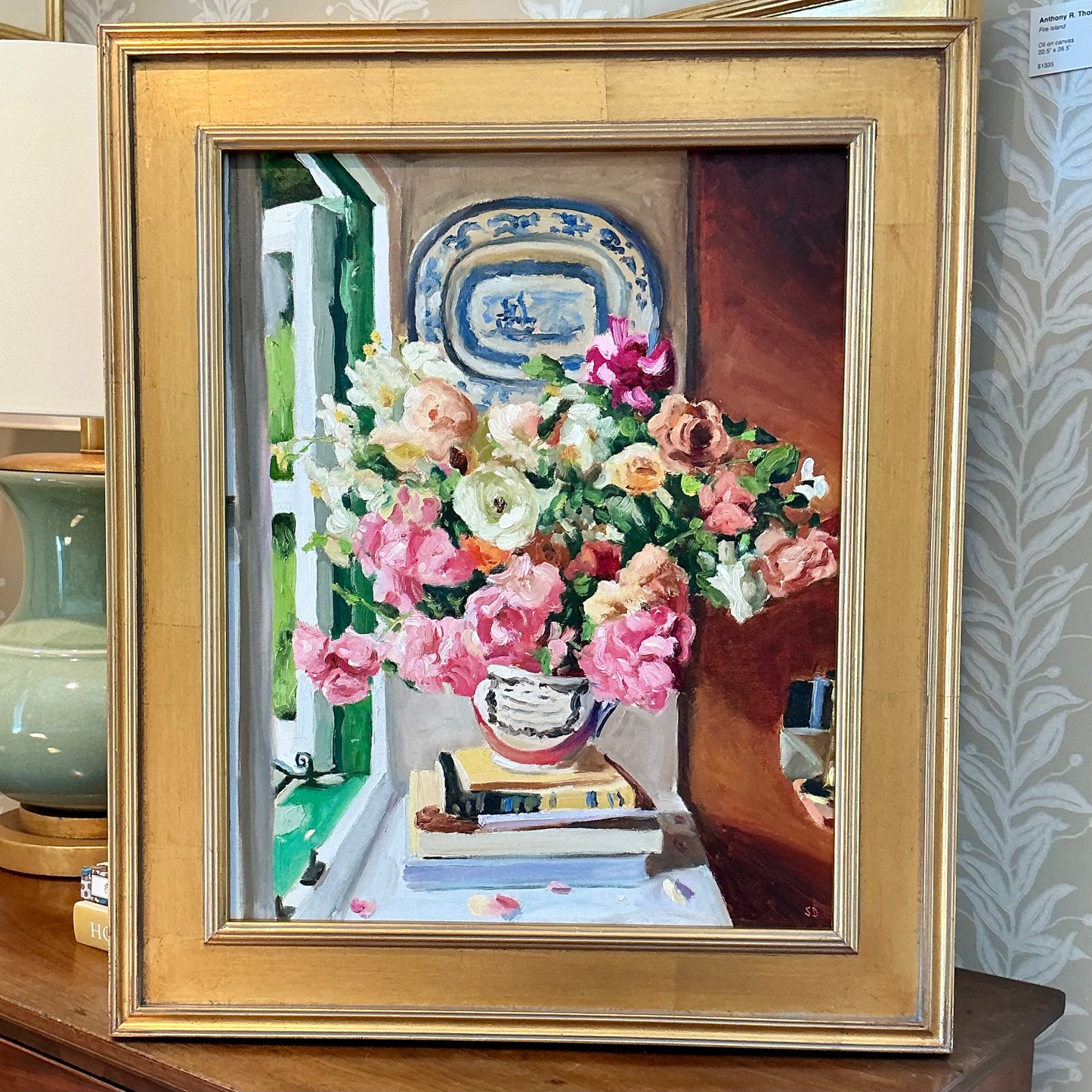 Stephanie Doucet Atmosfloric Window Still Bouquet Still Life Oil Painting in Gold Frame