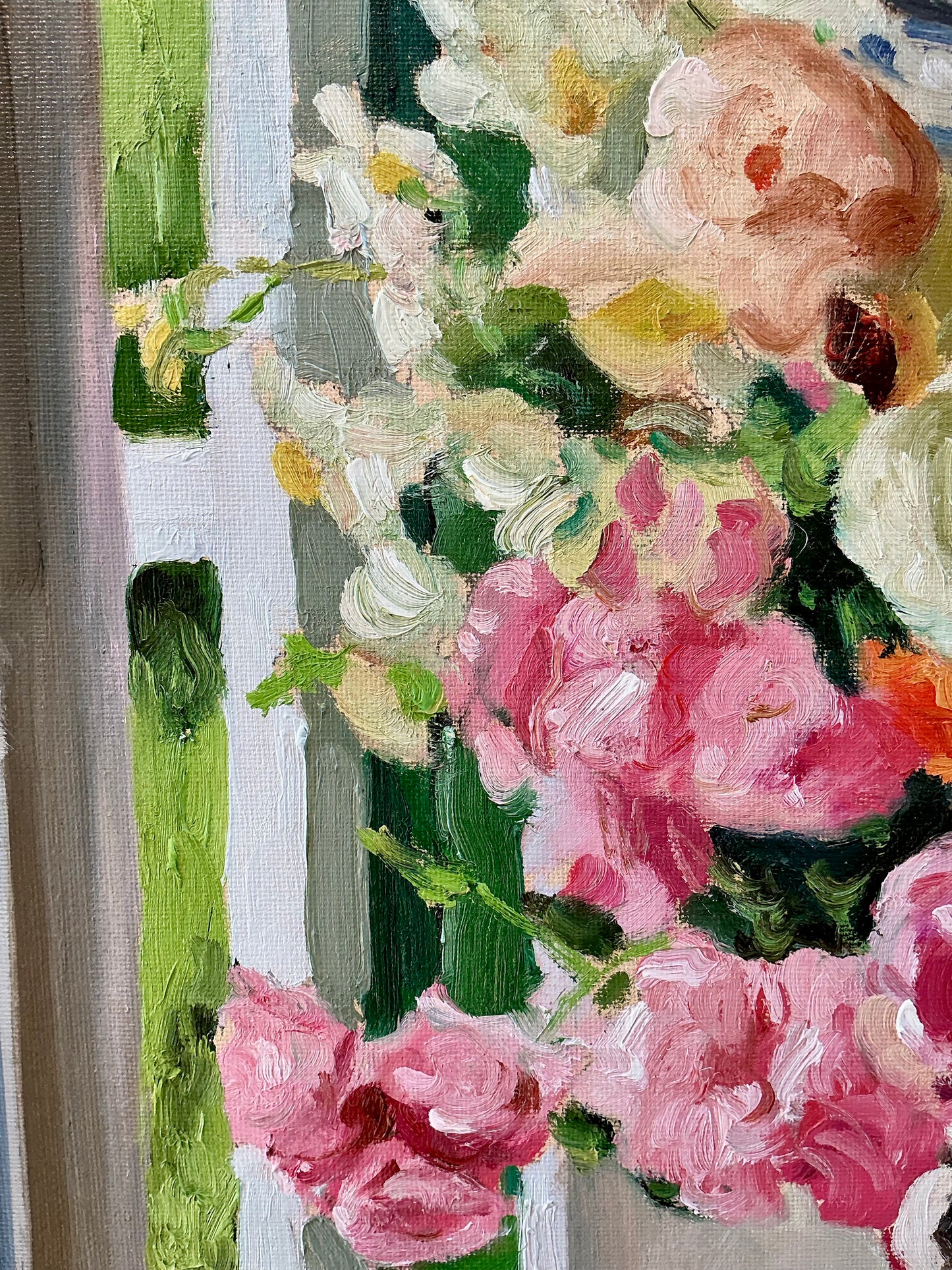 Stephanie Doucet Atmosfloric Window Still Bouquet Still Life Oil Painting in Gold Frame