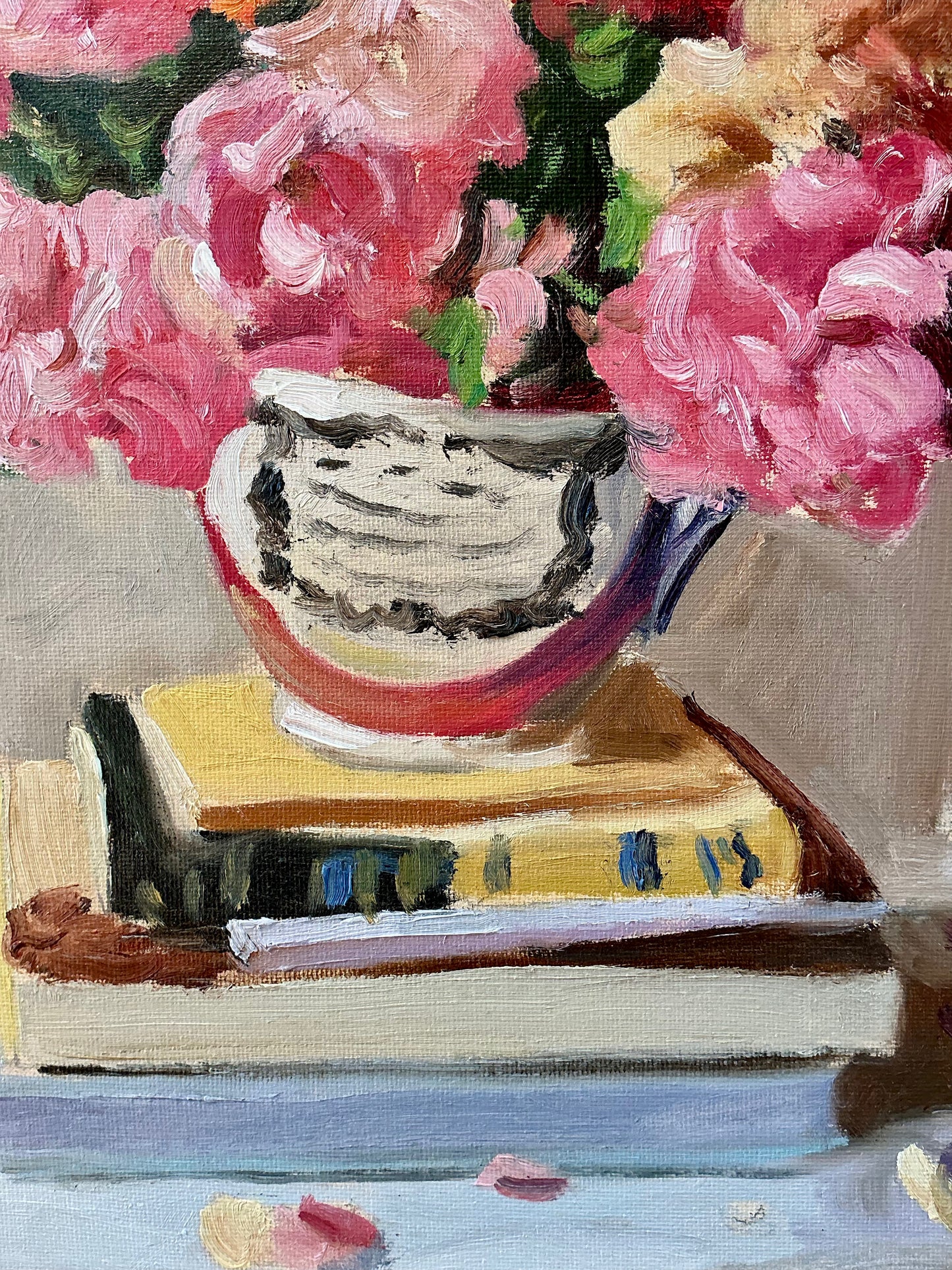 Stephanie Doucet Atmosfloric Window Still Bouquet Still Life Oil Painting in Gold Frame