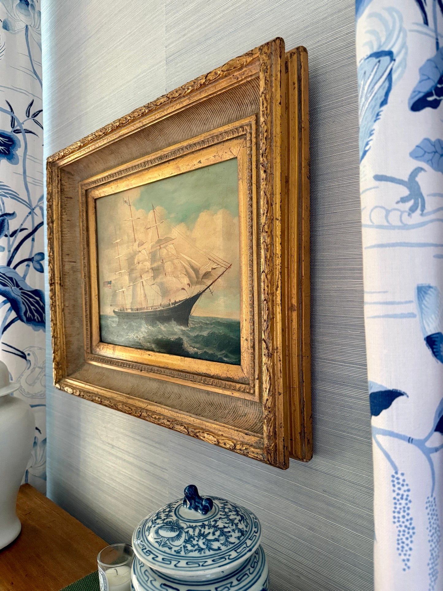 20th c. Clipper Sail Ship Portrait in Seascape Oil Painting in Gold Frame
