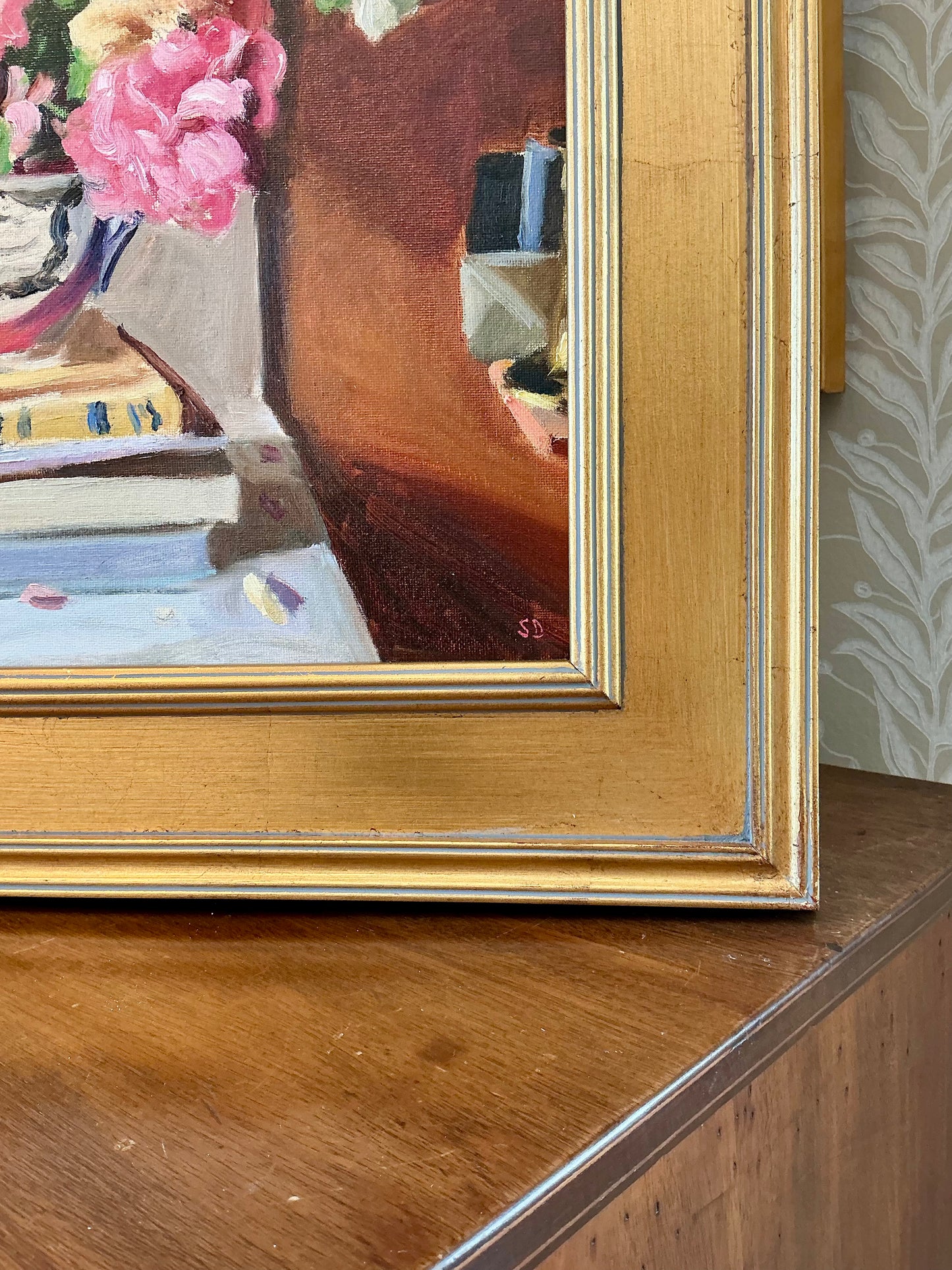 Stephanie Doucet Atmosfloric Window Still Bouquet Still Life Oil Painting in Gold Frame