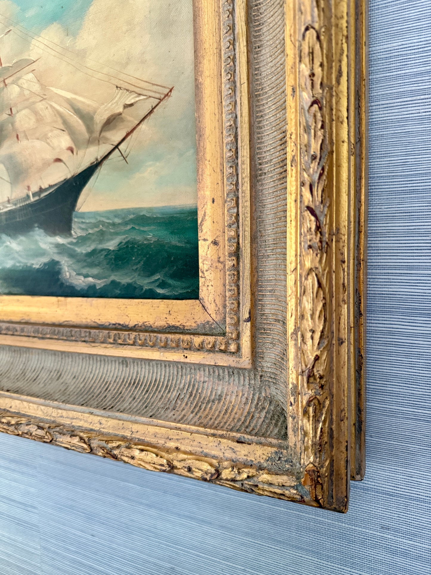 20th c. Clipper Sail Ship Portrait in Seascape Oil Painting in Gold Frame