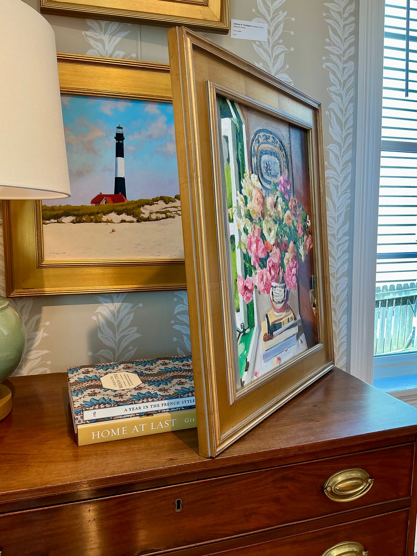 Stephanie Doucet Atmosfloric Window Still Bouquet Still Life Oil Painting in Gold Frame