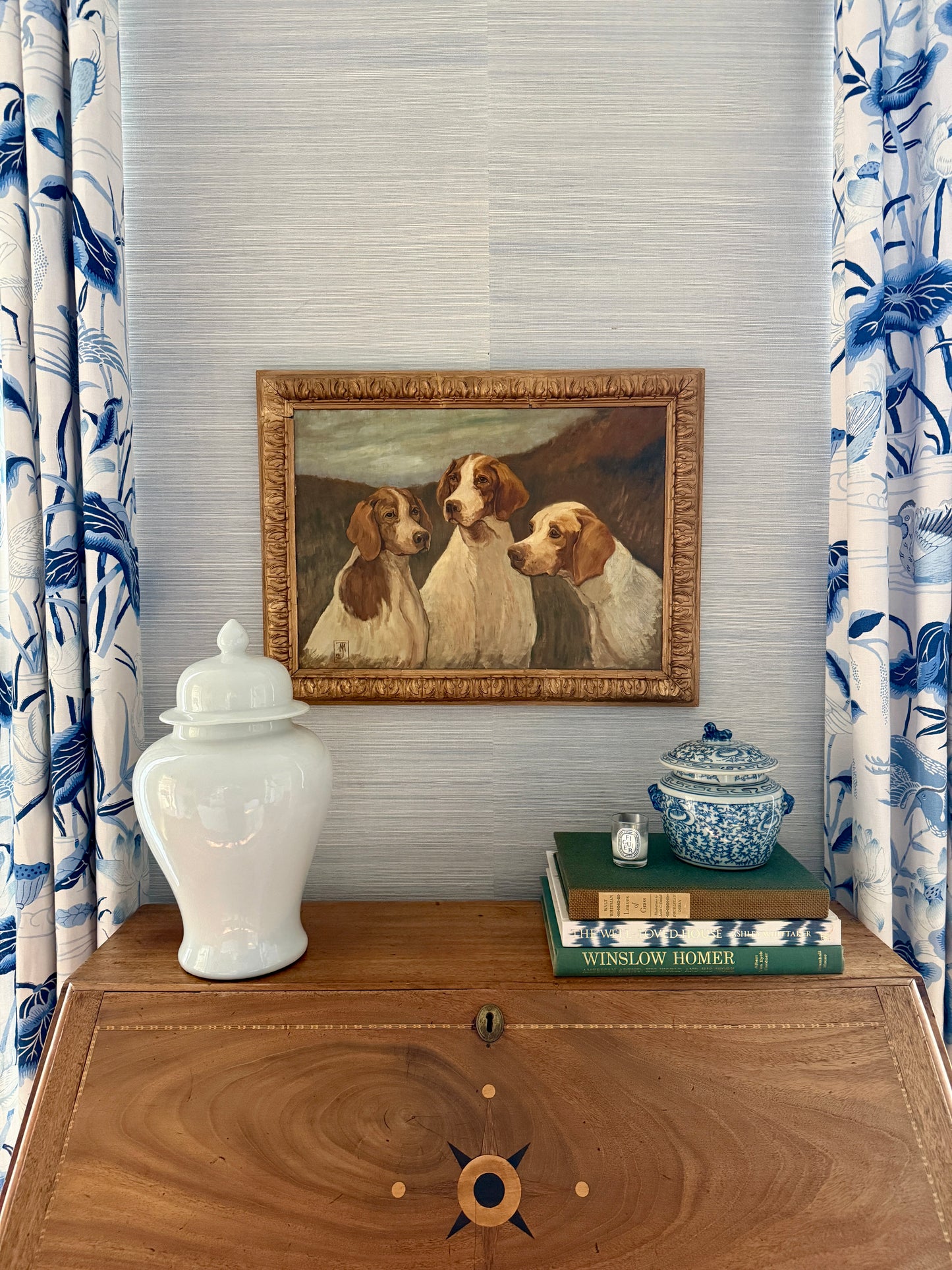 Manner of John Emms Portrait of Trio of Hunting Dogs Oil Painting in Ornate Gold Frame