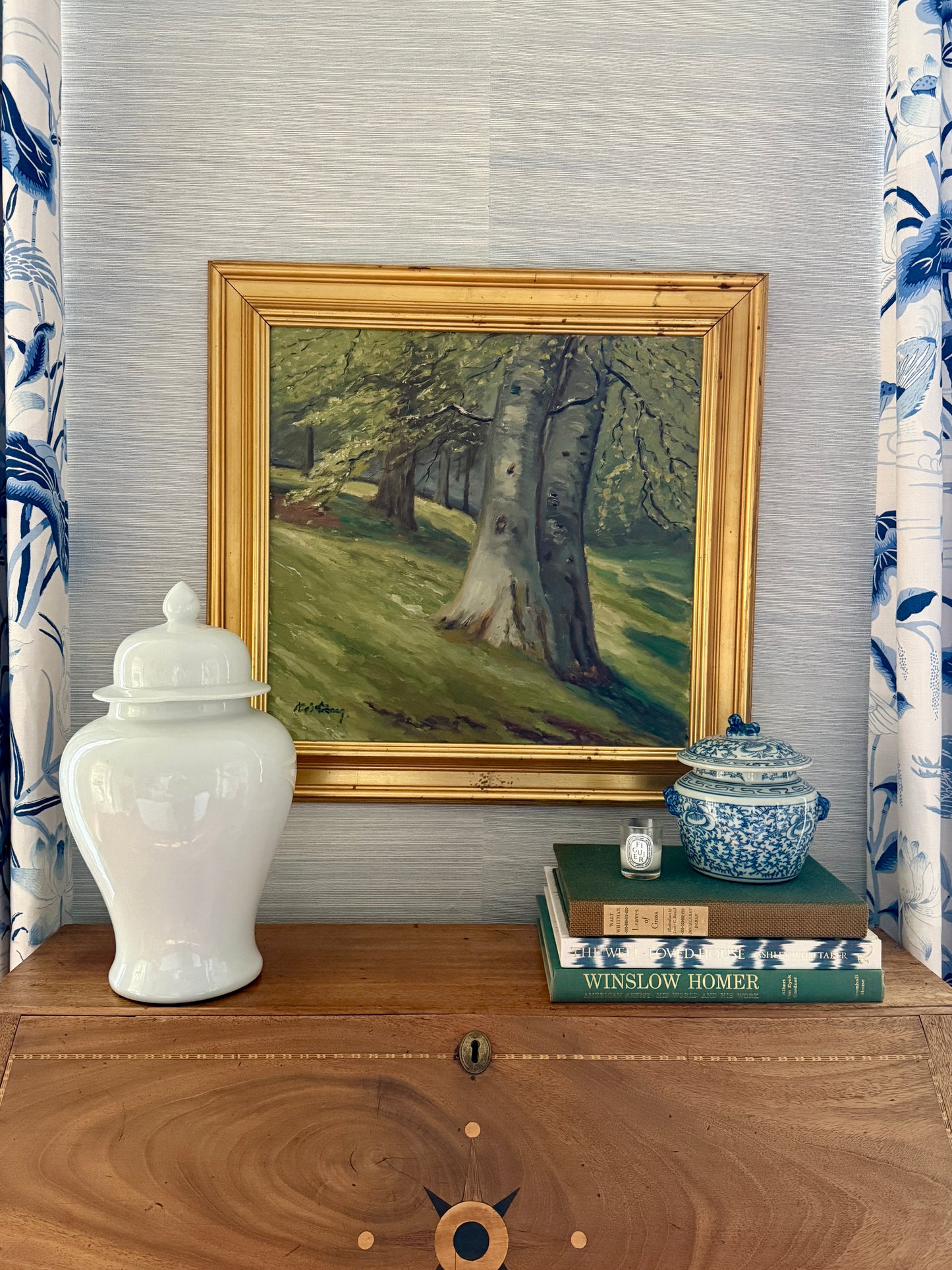 1950s Verdant Forest Landscape Oil Painting in Gold Frame