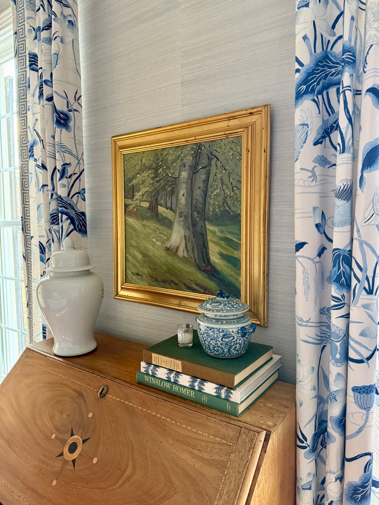 1950s Verdant Forest Landscape Oil Painting in Gold Frame