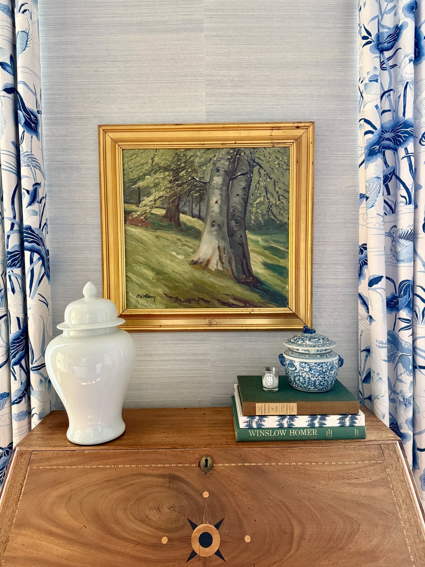 1950s Verdant Forest Landscape Oil Painting in Gold Frame