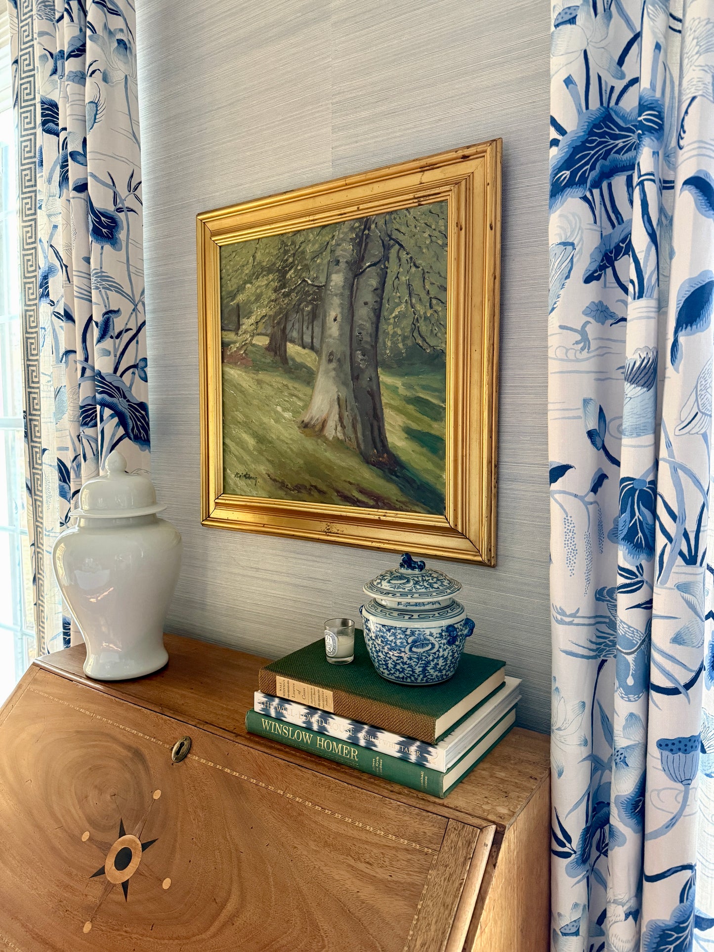 1950s Verdant Forest Landscape Oil Painting in Gold Frame