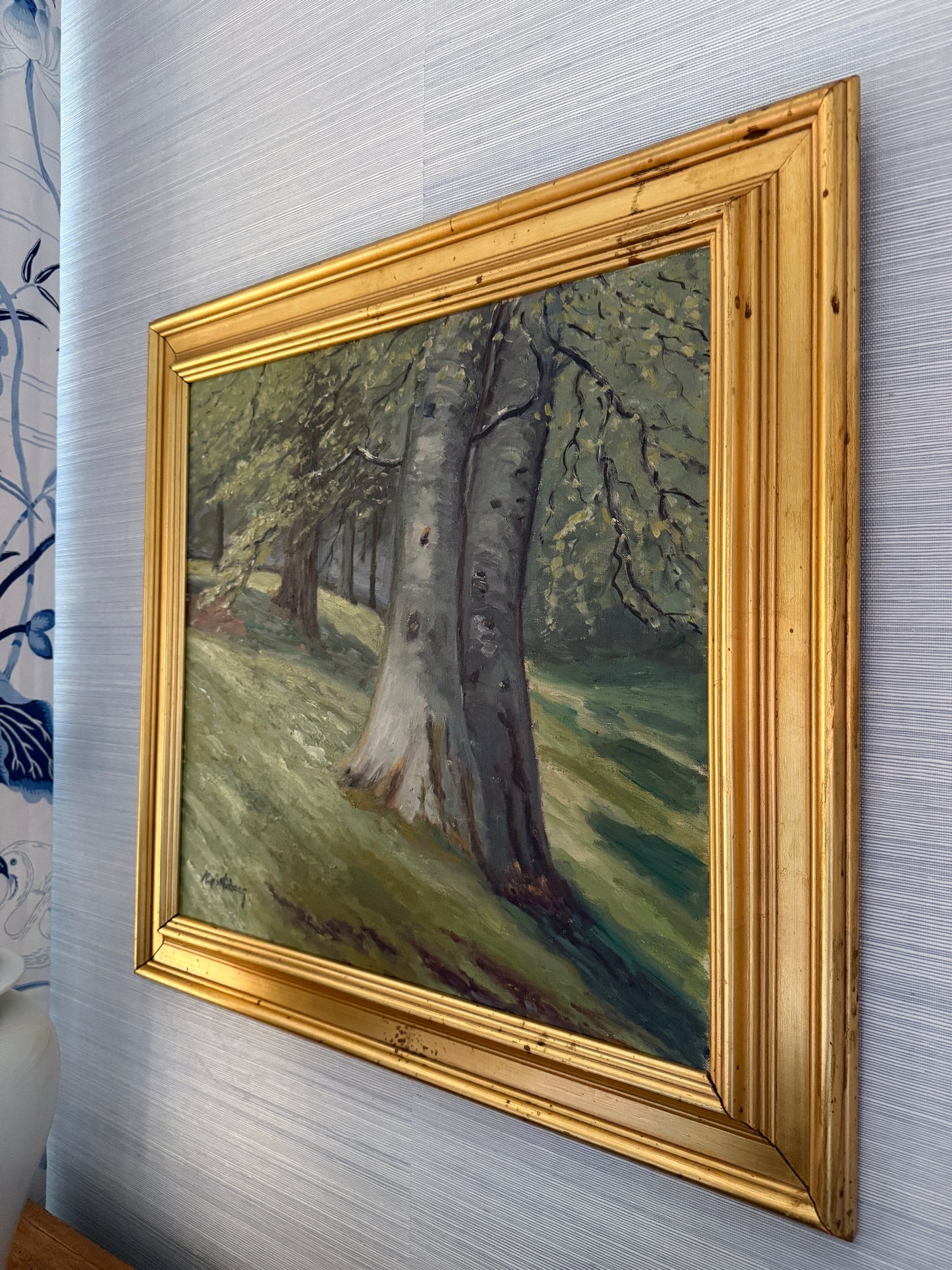 1950s Verdant Forest Landscape Oil Painting in Gold Frame