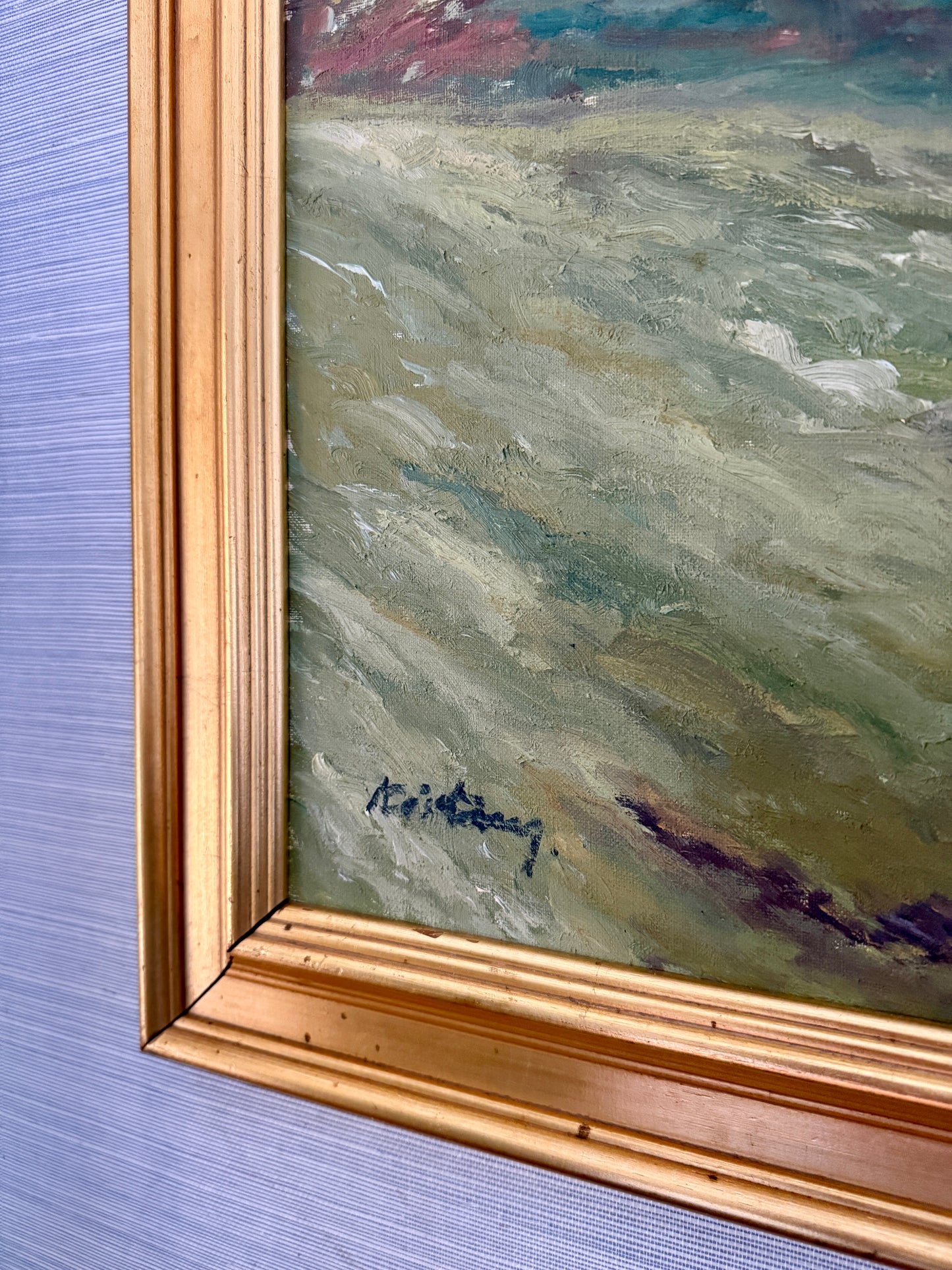 1950s Verdant Forest Landscape Oil Painting in Gold Frame