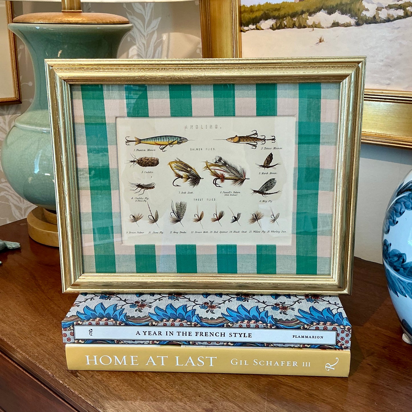 19th Century 1879 Angling Fishing Book Plate on Green Silk Gingham Check in Gold Frame