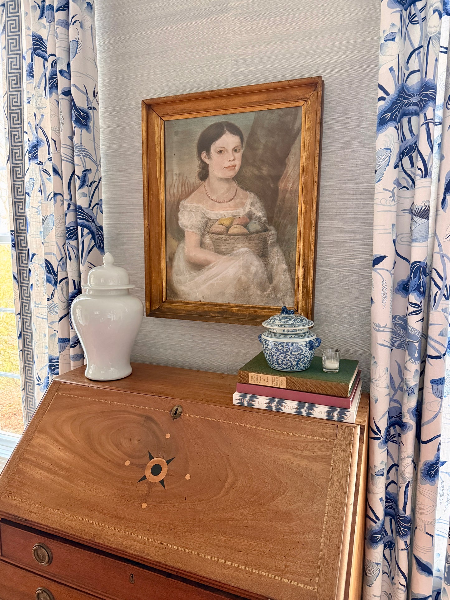 19th Century Pastel Portrait of a Young Girl Holding Fruit Basket in Antique Gold Frame