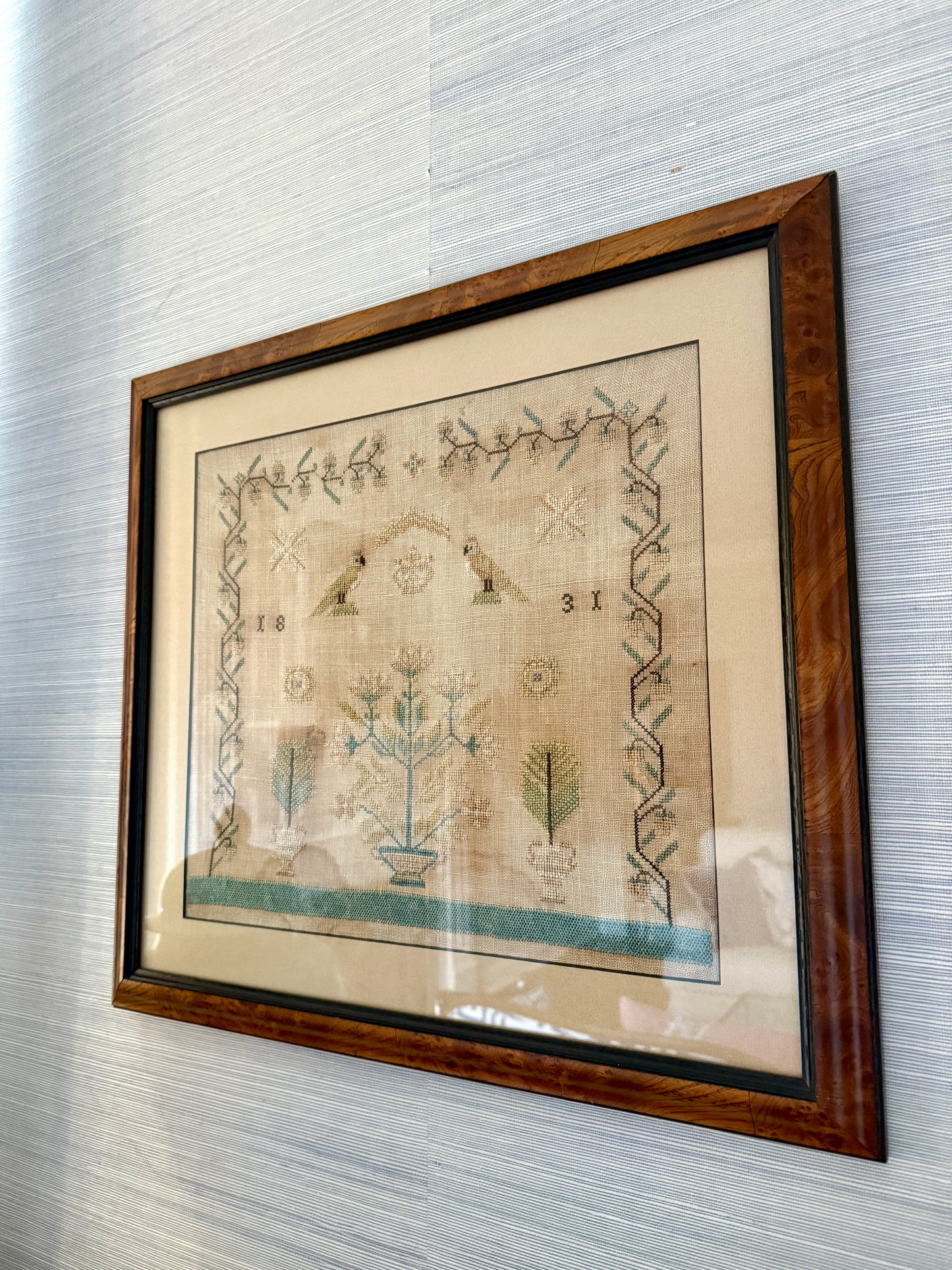 1831 English Needlepoint Sampler with Strawberry Vine, Birds, Tree in Burlwood Frame