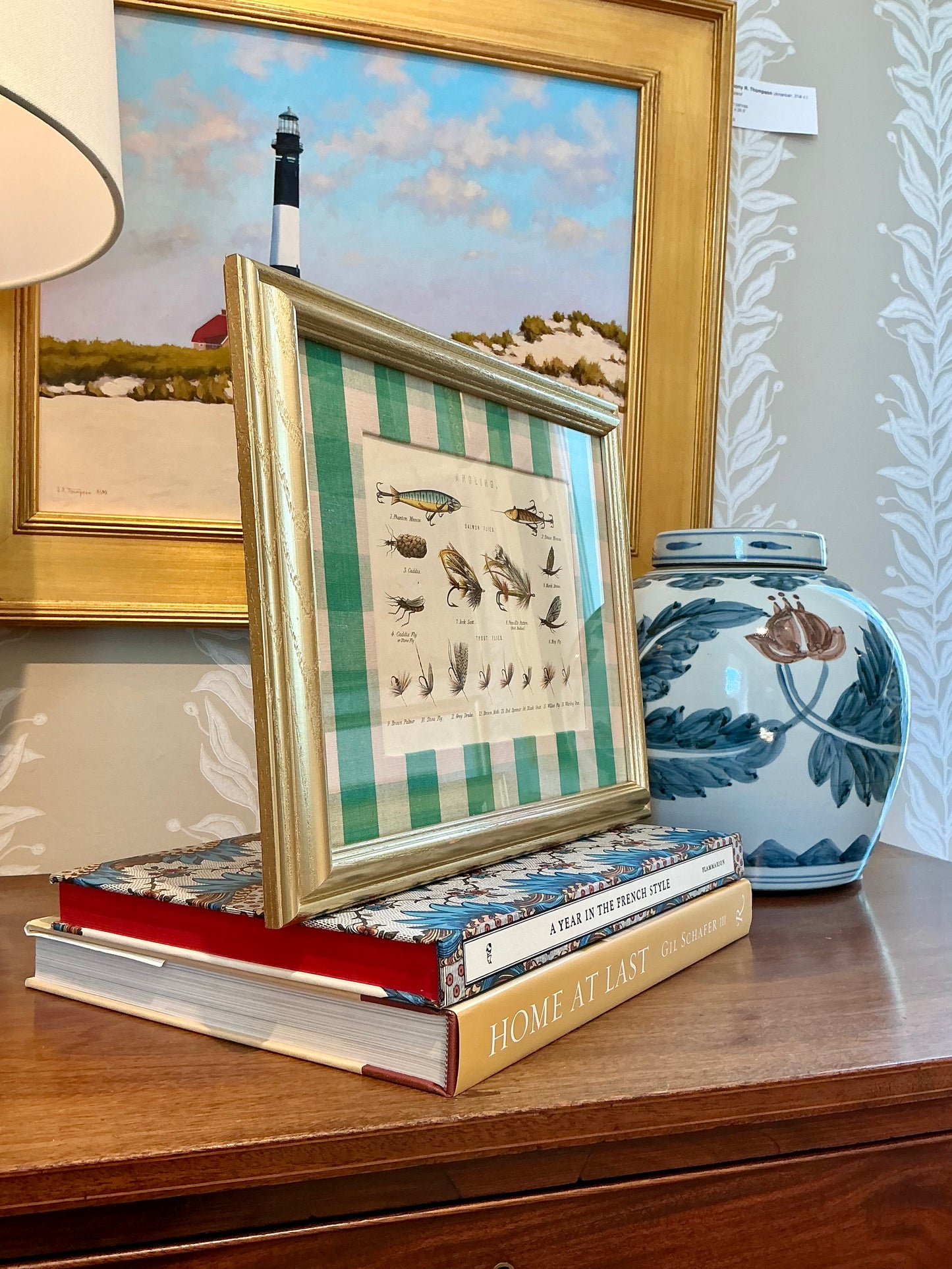 19th Century 1879 Angling Fishing Book Plate on Green Silk Gingham Check in Gold Frame