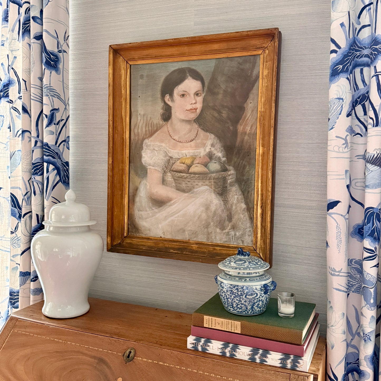 19th Century Pastel Portrait of a Young Girl Holding Fruit Basket in Antique Gold Frame